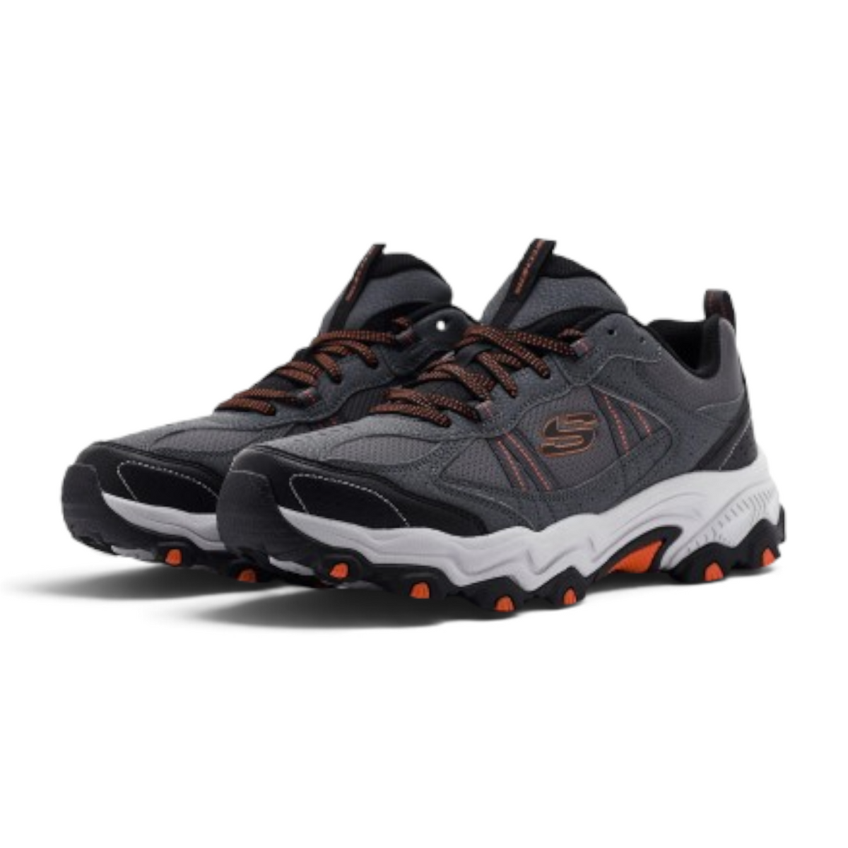 FRG Skechers Stamina At grey all-terrain hiking shoes with orange accents and durable lugged rubber outsoles