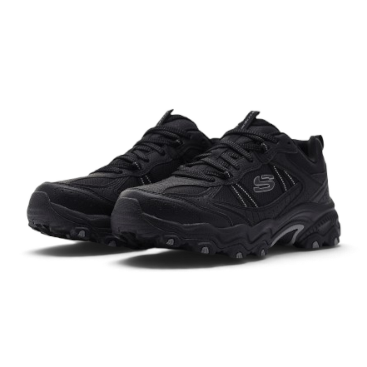 FRG Skechers STAMINA AT black lace-up hiking shoes with rugged outsoles and premium cushioning for trail comfort.