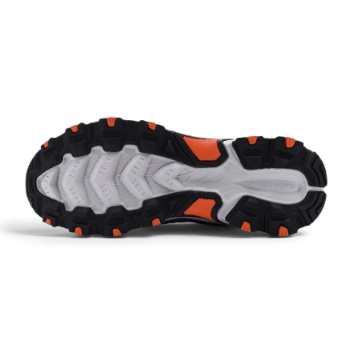 FRG Skechers Stamina At grey all-terrain shoe showing the durable black and orange rubber lugged outsole