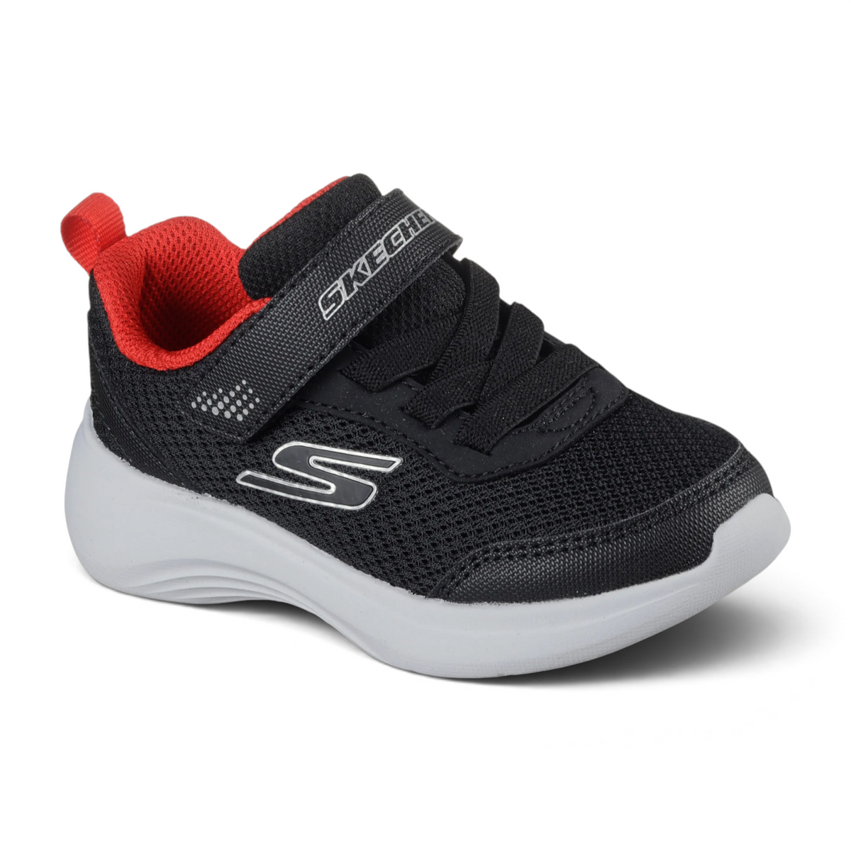 FRG Skechers Selectors Reset Achieved kids sneakers in black and red with a slip-on design and hook-and-loop strap.