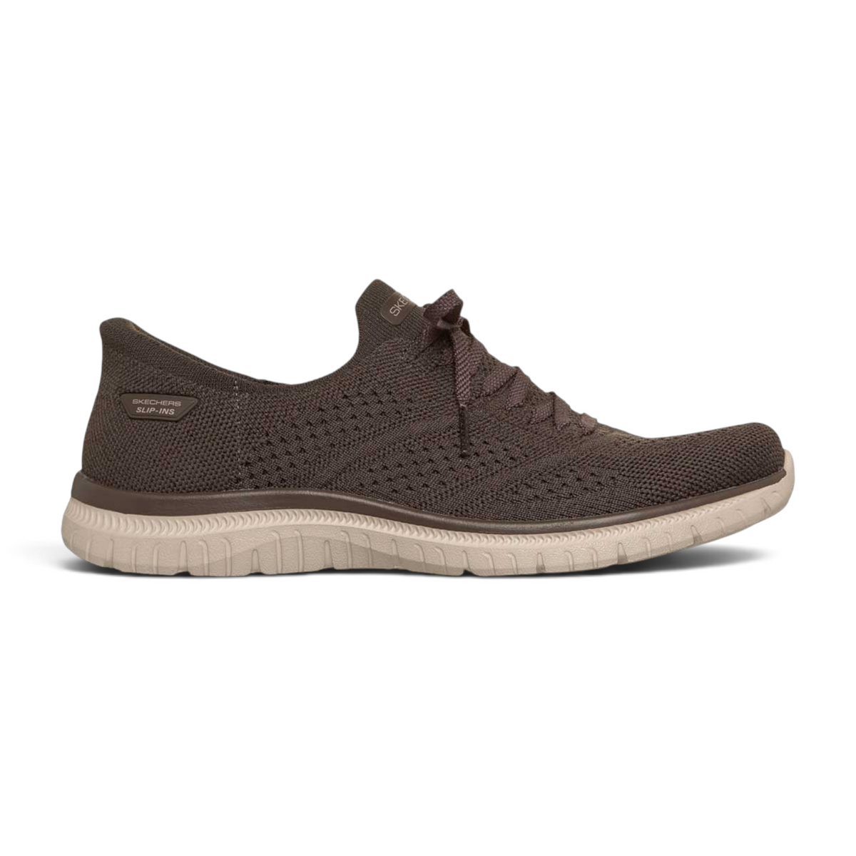 FRG Skechers Virtue Flawless chocolate brown slip-on sneakers with a lightweight knit upper and cushioned sole
