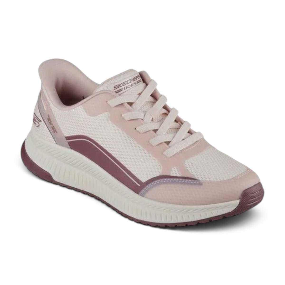 FRG Skechers BOBS SQUAD 4 pink and white athletic slip-on sneakers with stretch laces and cushioned sole