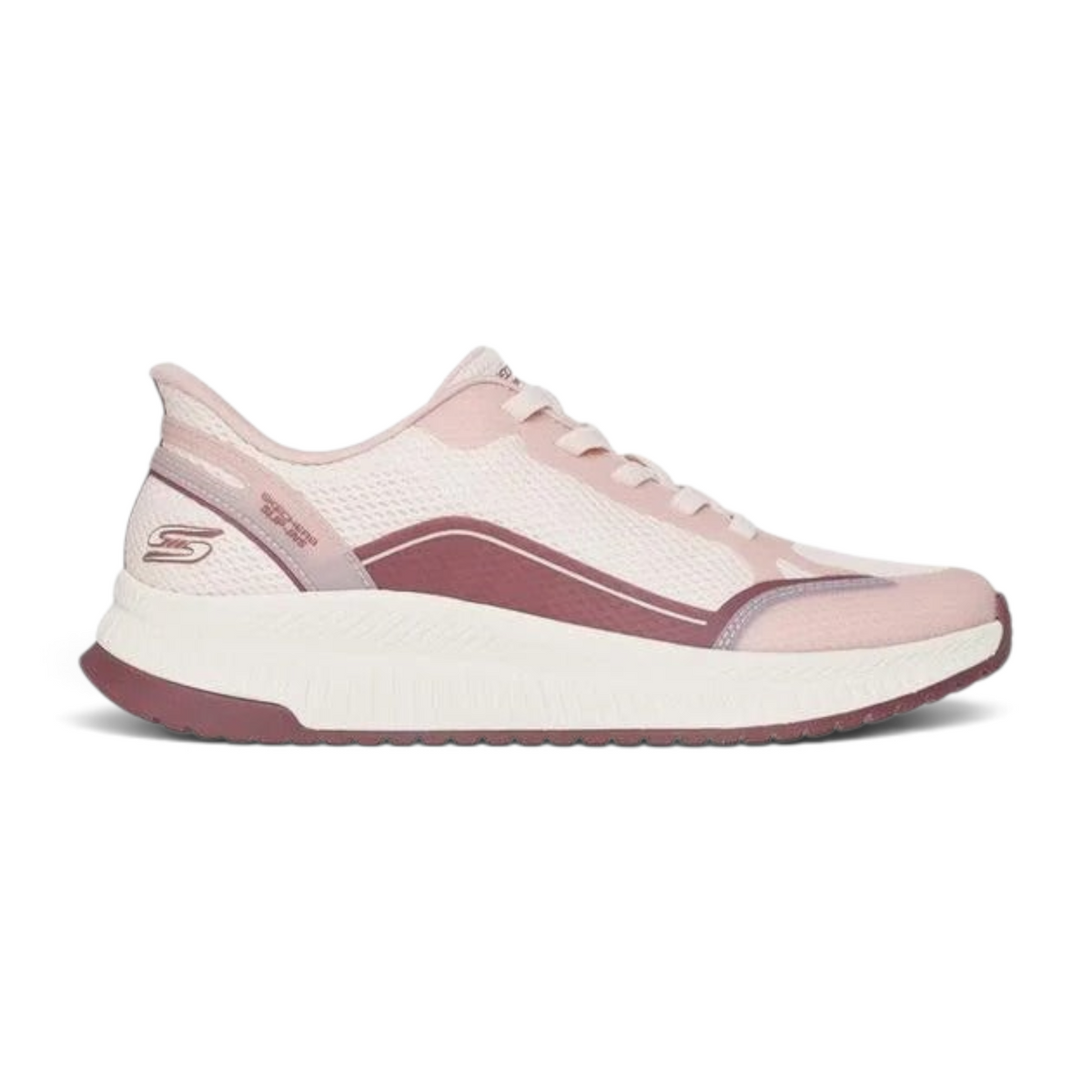 FRG Skechers BOBS SQUAD 4 pink multi athletic slip-on sneakers with stretch laces and a cushioned white sole