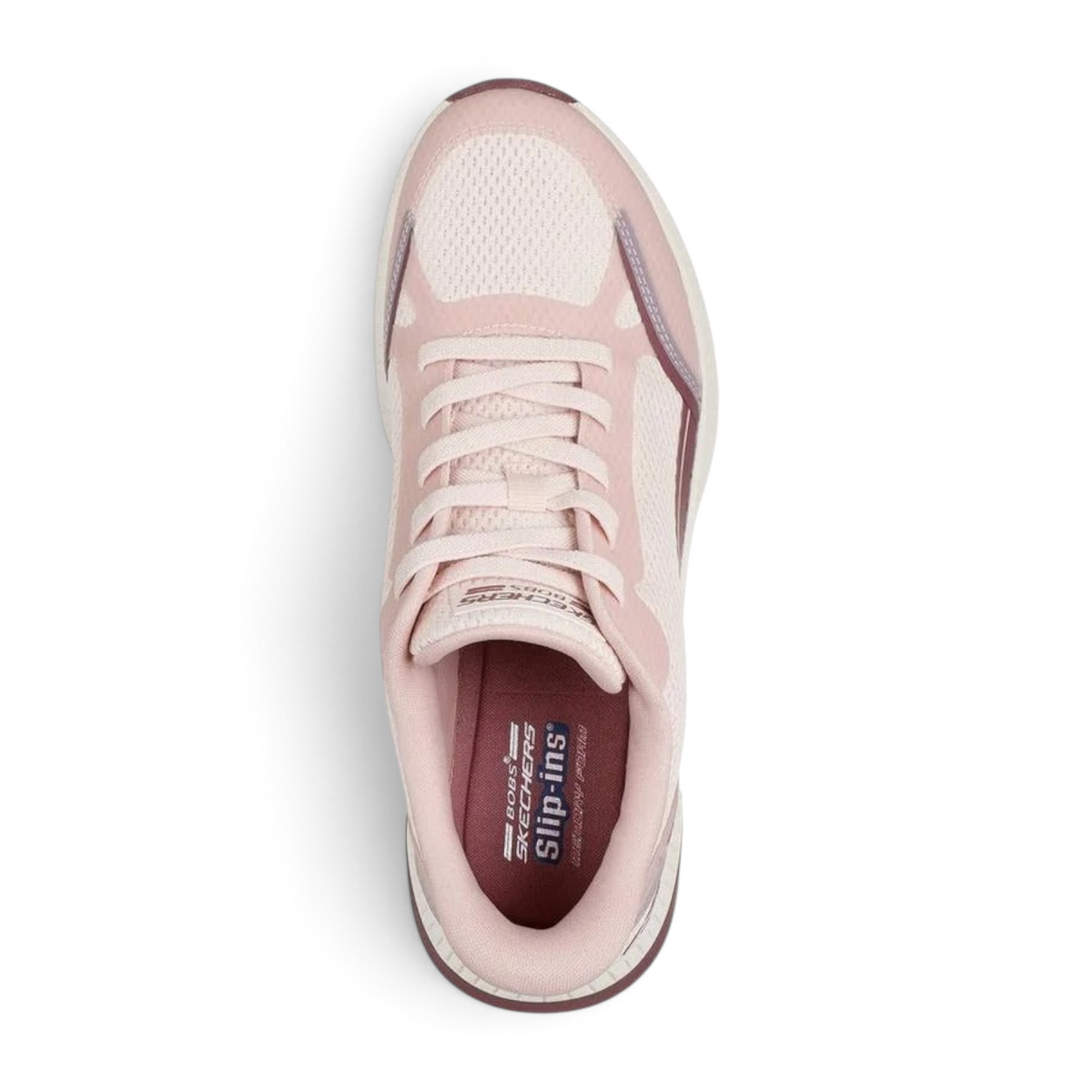 FRG Skechers BOBS SQUAD 4 pink multi athletic slip-on sneakers with breathable mesh and stretch laces, top view