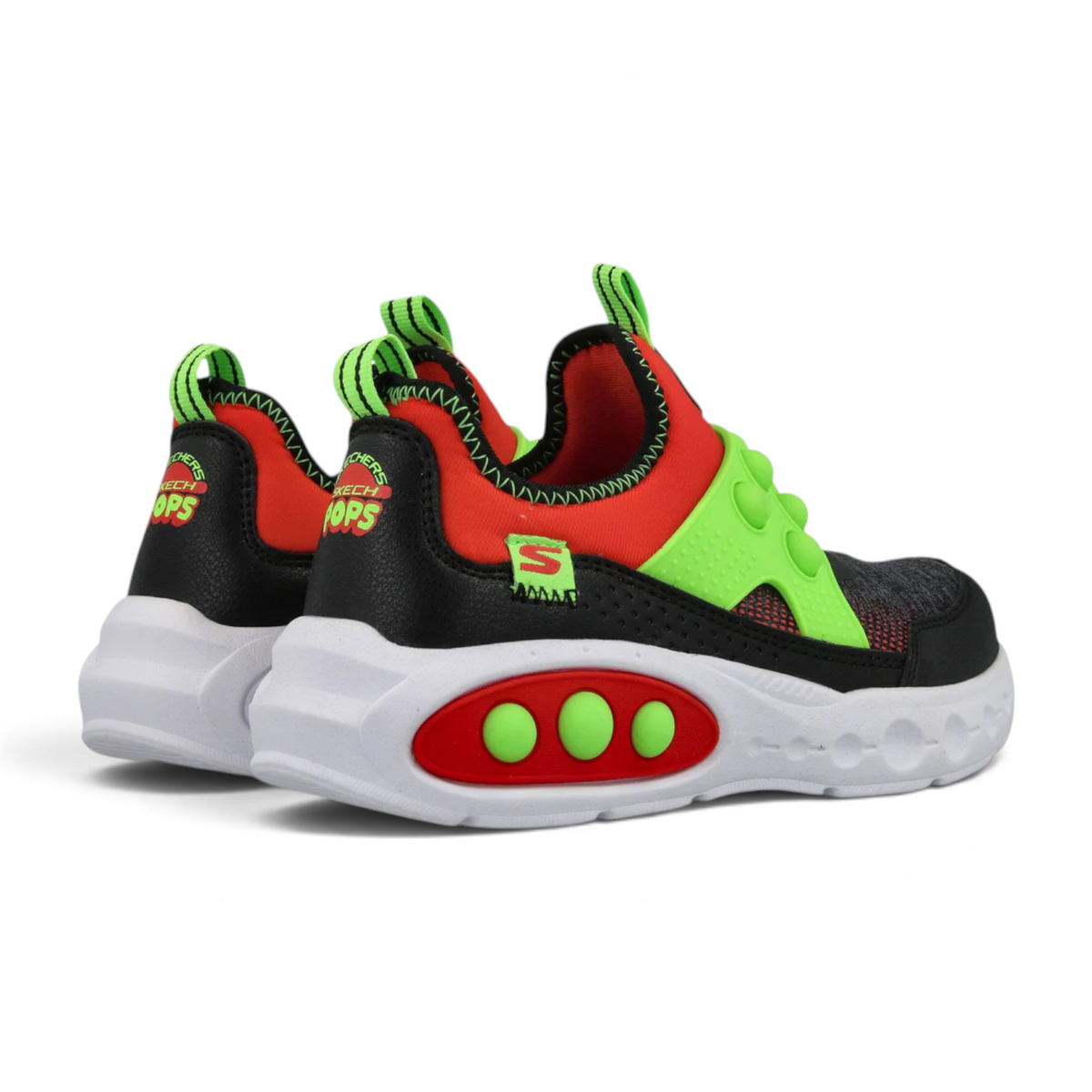 FRG SKECH POPS kids sneakers in black, red, and lime green with a chunky white sole and bubble-textured side detail.