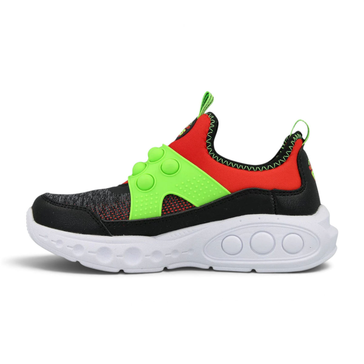 FRG SKECH POPS kids sneakers in black, red, and lime green with a textured bubble pop strap and white sole