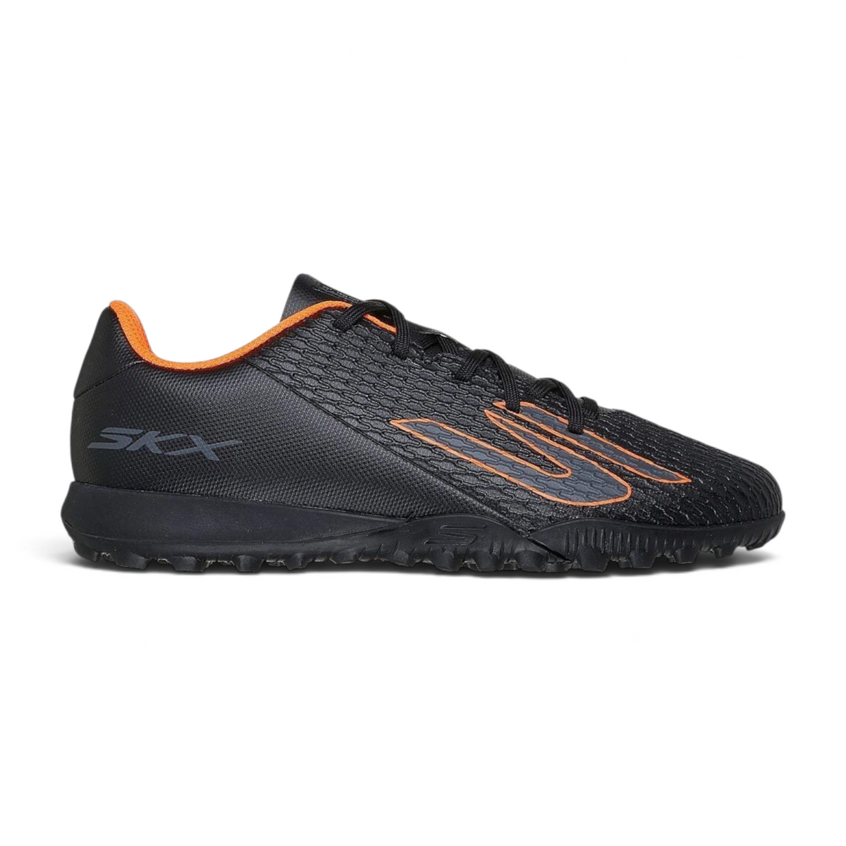 FRG Skechers SKX_2 Jr youth turf soccer boots in black with vibrant orange detailing and textured upper