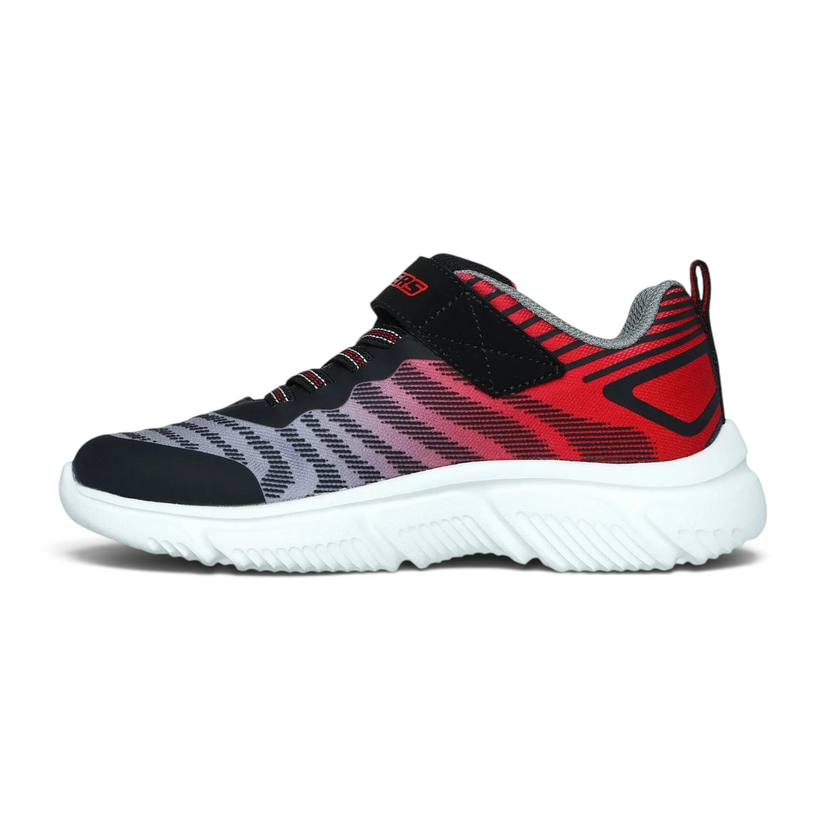 FRG GO RUN 650 kids running shoe in black and red with a white sole, mesh upper, and hook-and-loop strap closure.