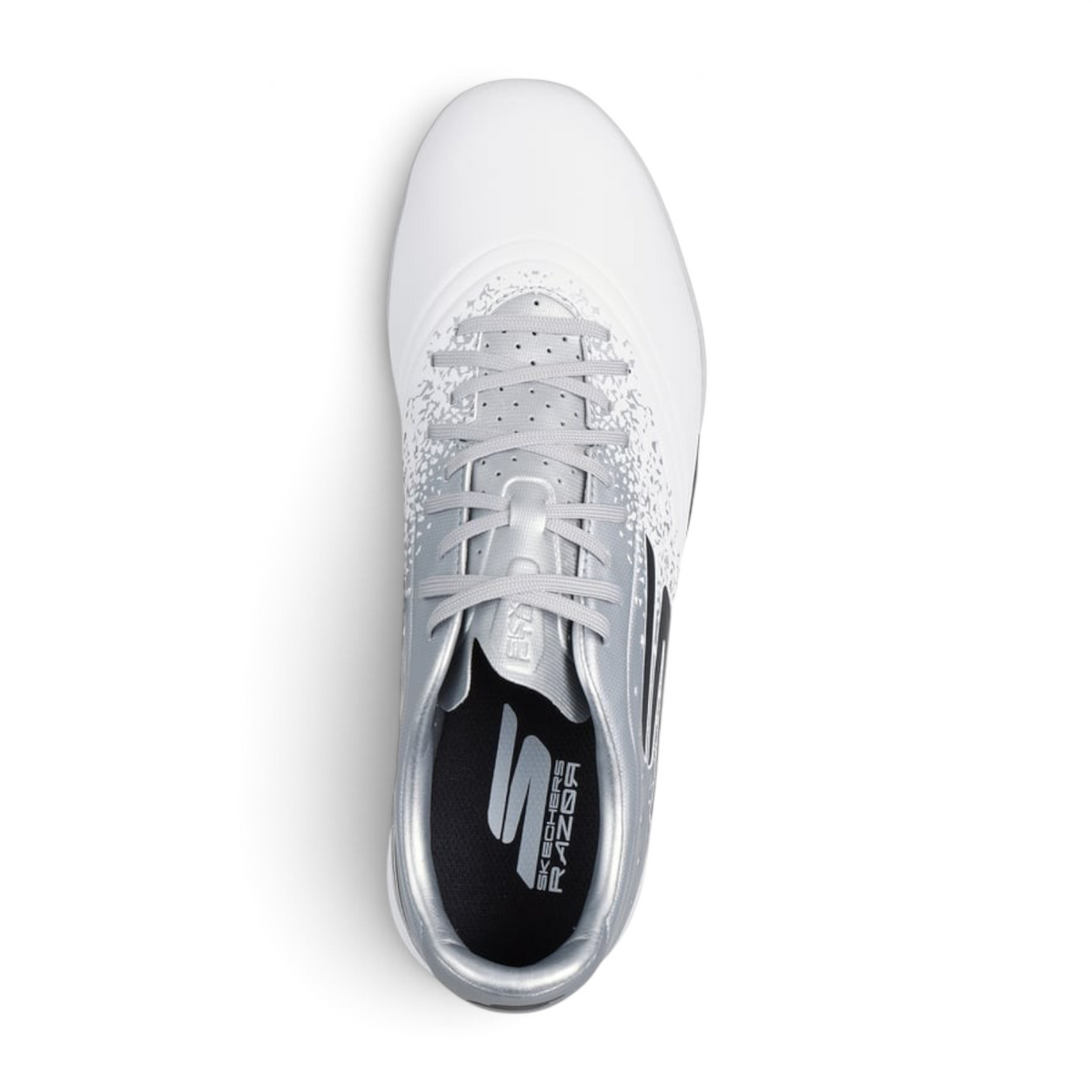 FRG Skechers Razor 1.5 Academy TF turf soccer boots in white and silver with a sleek, aerodynamic design.