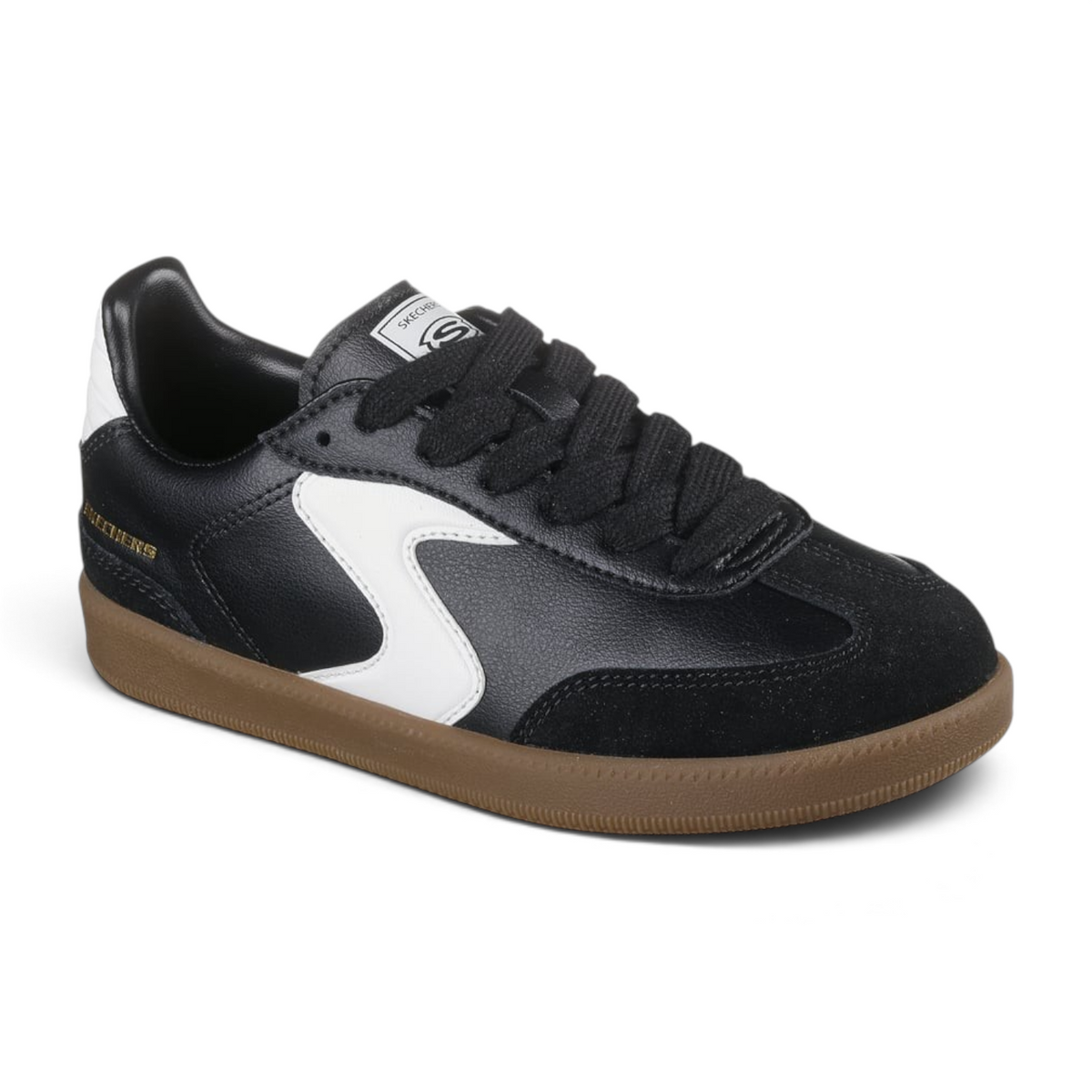 FRG Skechers Hotshot Junior Varsity low-profile black and white sneaker with suede overlays and gum rubber sole