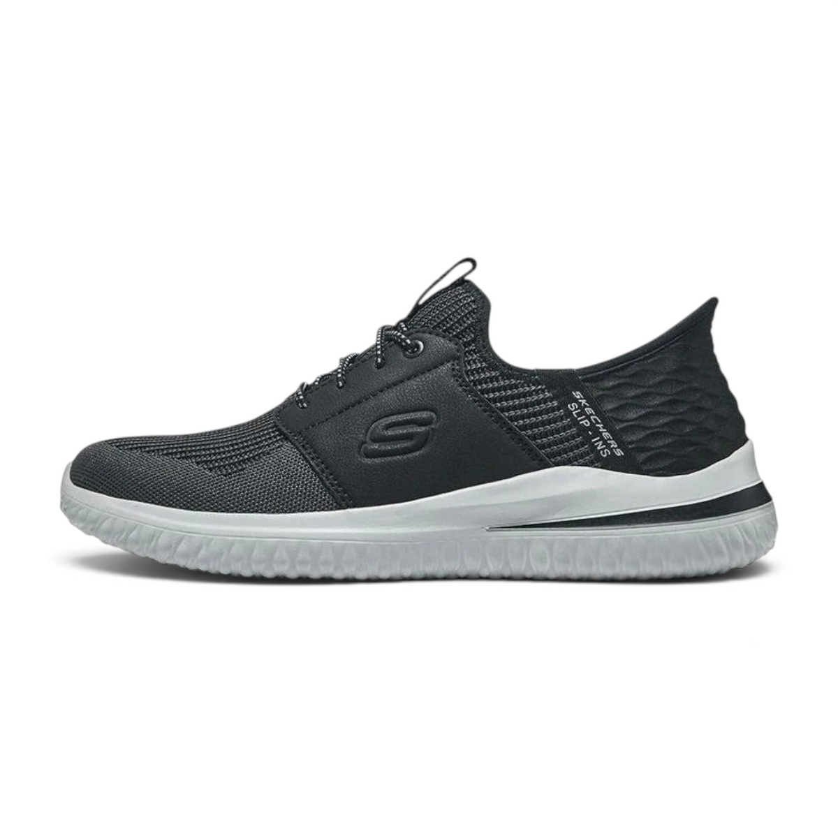 FRG DELSON 3.0 LAVELL black slip-on sneaker with breathable mesh upper, white midsole, and cushioned heel design.