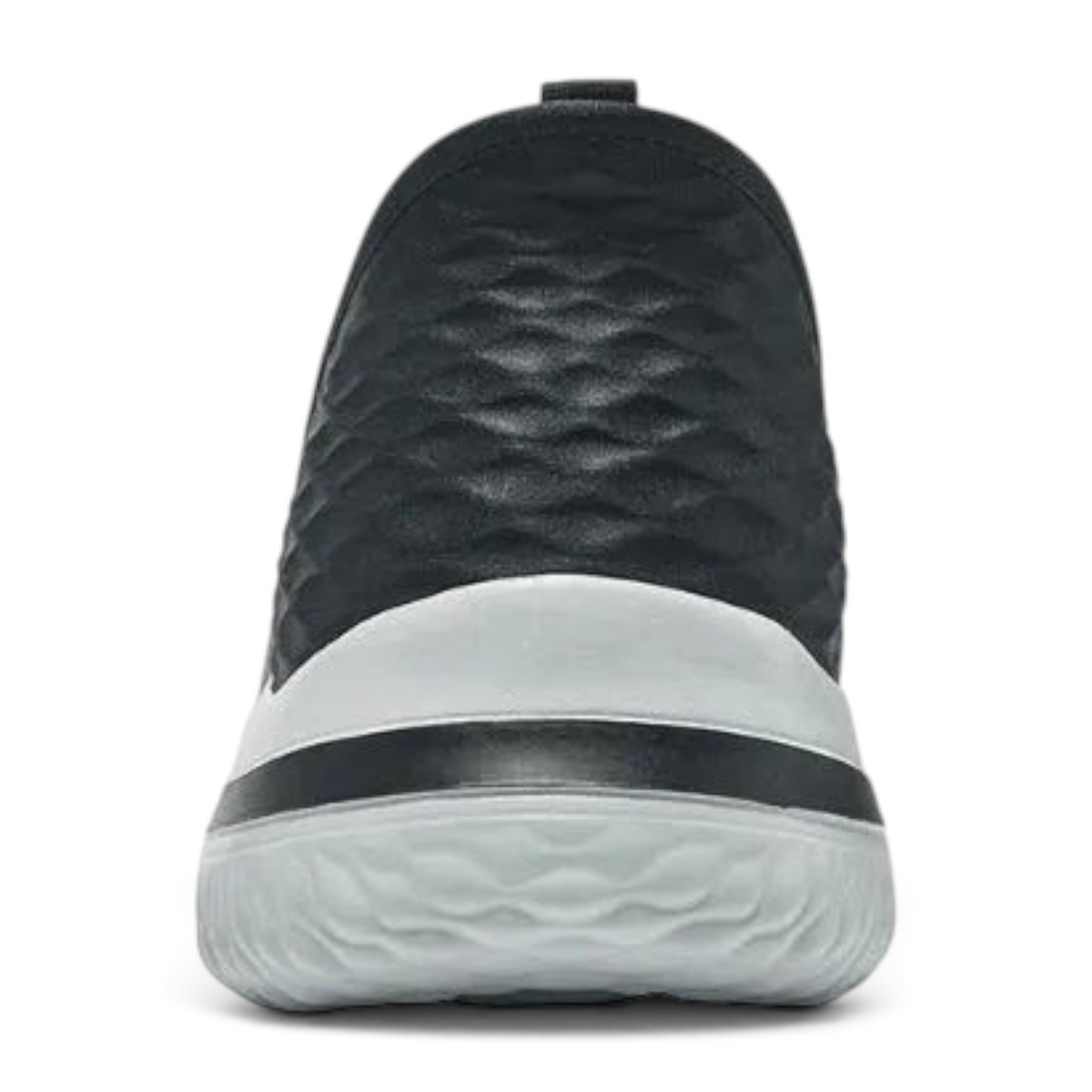 FRG Delson 3.0 Lavell slip-on sneaker in black with a textured upper and white cushioned sole, rear view.