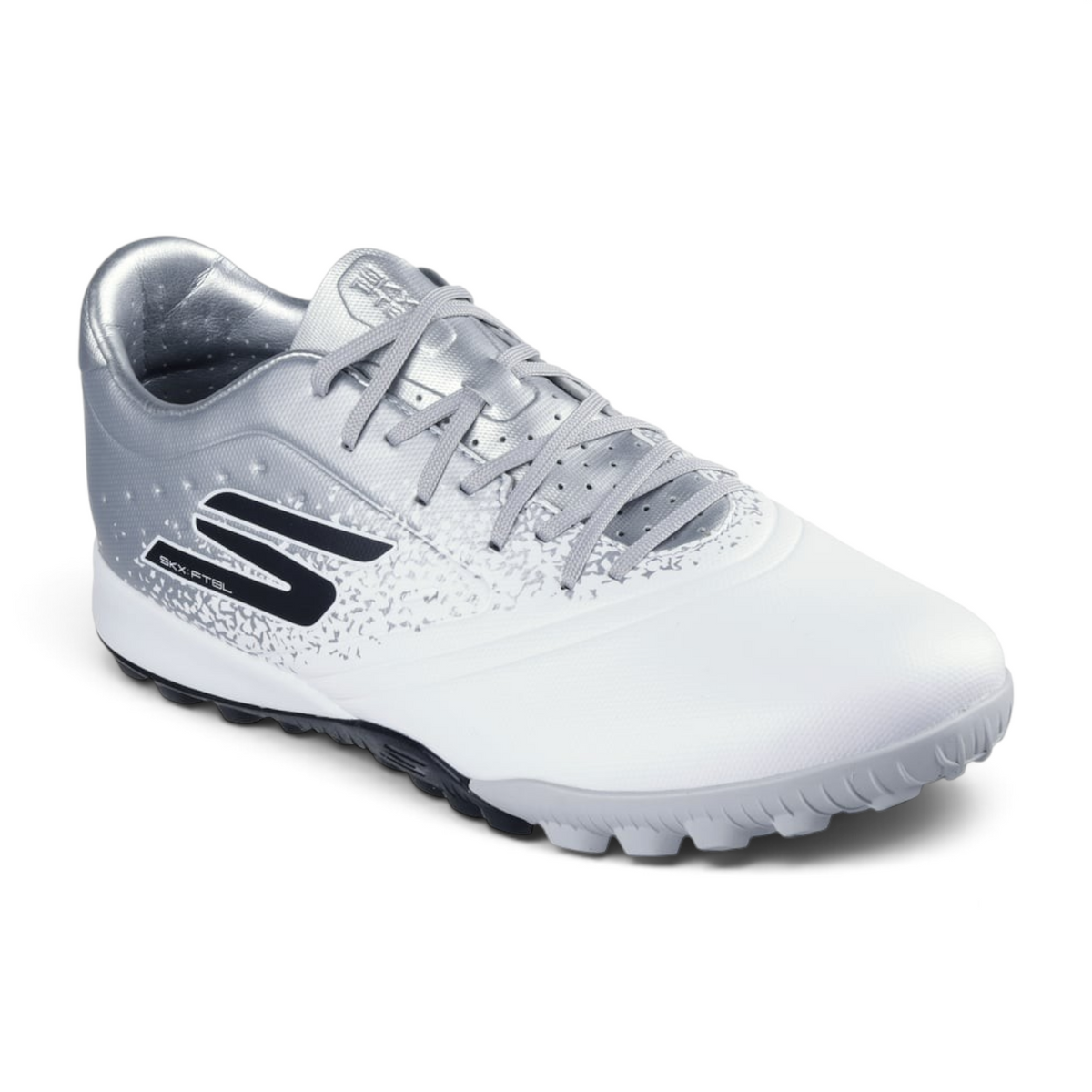 FRG Skechers Razor 1.5 Academy TF turf soccer shoe in white and silver with multidirectional grip sole