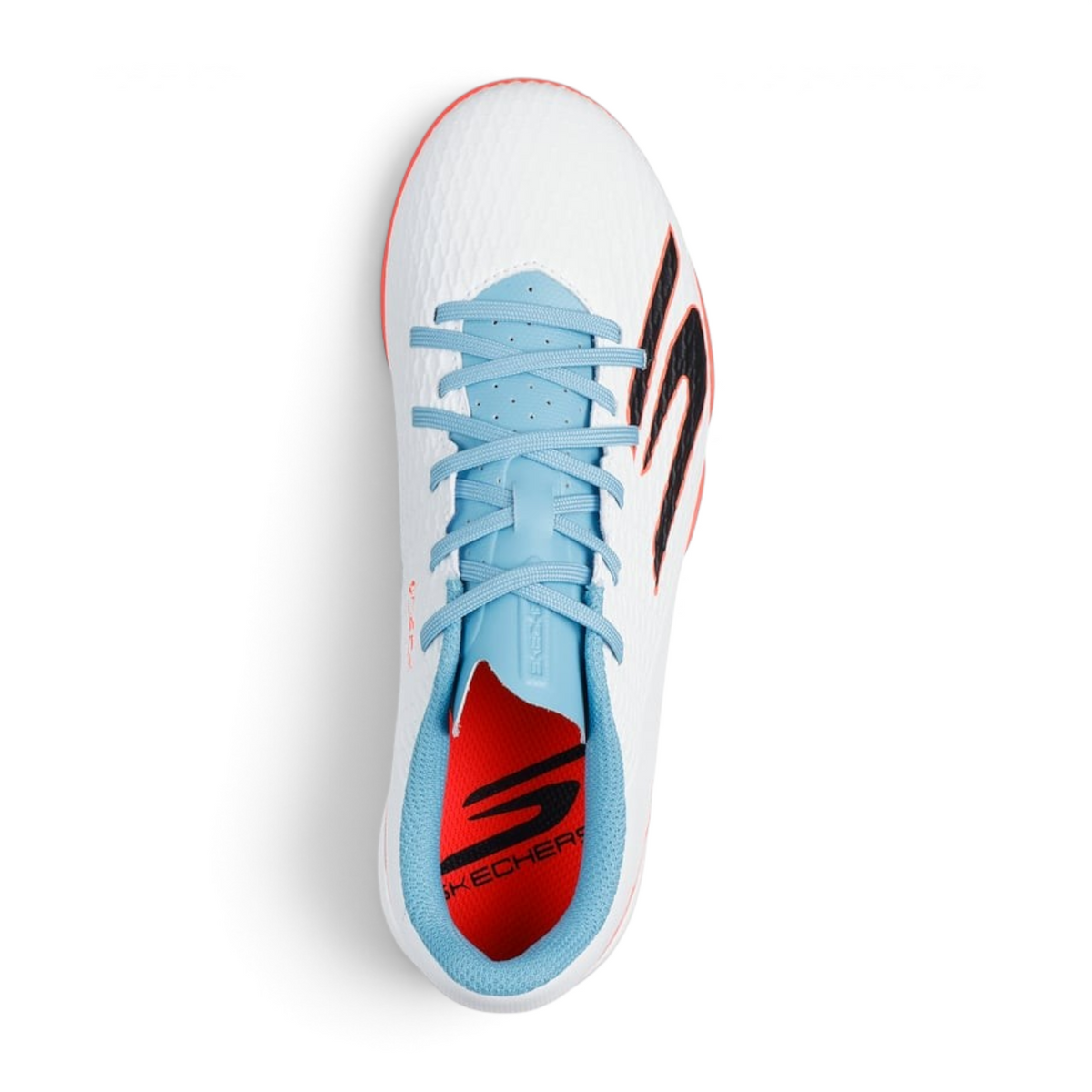 FRG Skechers SKX_2 Jr youth turf soccer boot in white with turquoise laces and pink accents, top-down view.