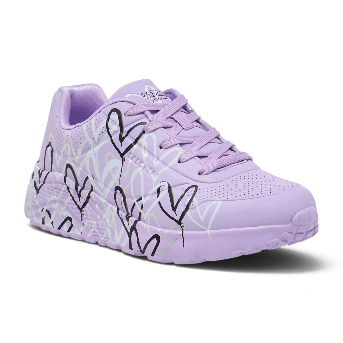 FRG UNO LITE - METALLIC LOVE lavender sneakers with black and white heart graffiti print and lace-up closure