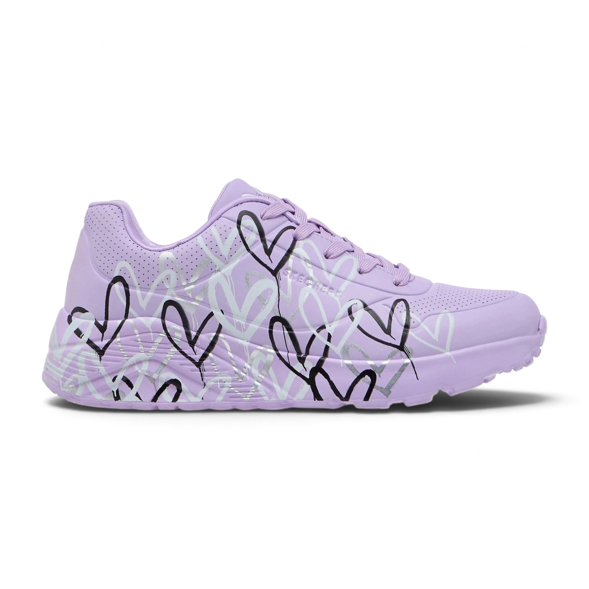 FRG UNO LITE - METALLIC LOVE lavender sneakers with black and silver heart print and chunky sole