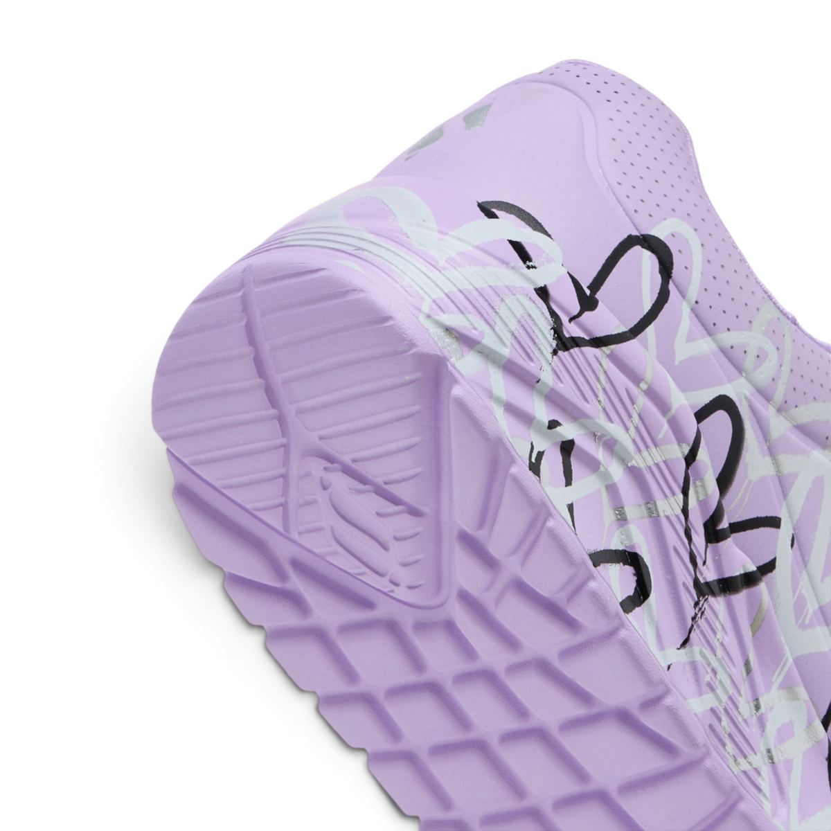FRG UNO LITE - METALLIC LOVE sneaker in light purple with black and silver heart graffiti print on the heel