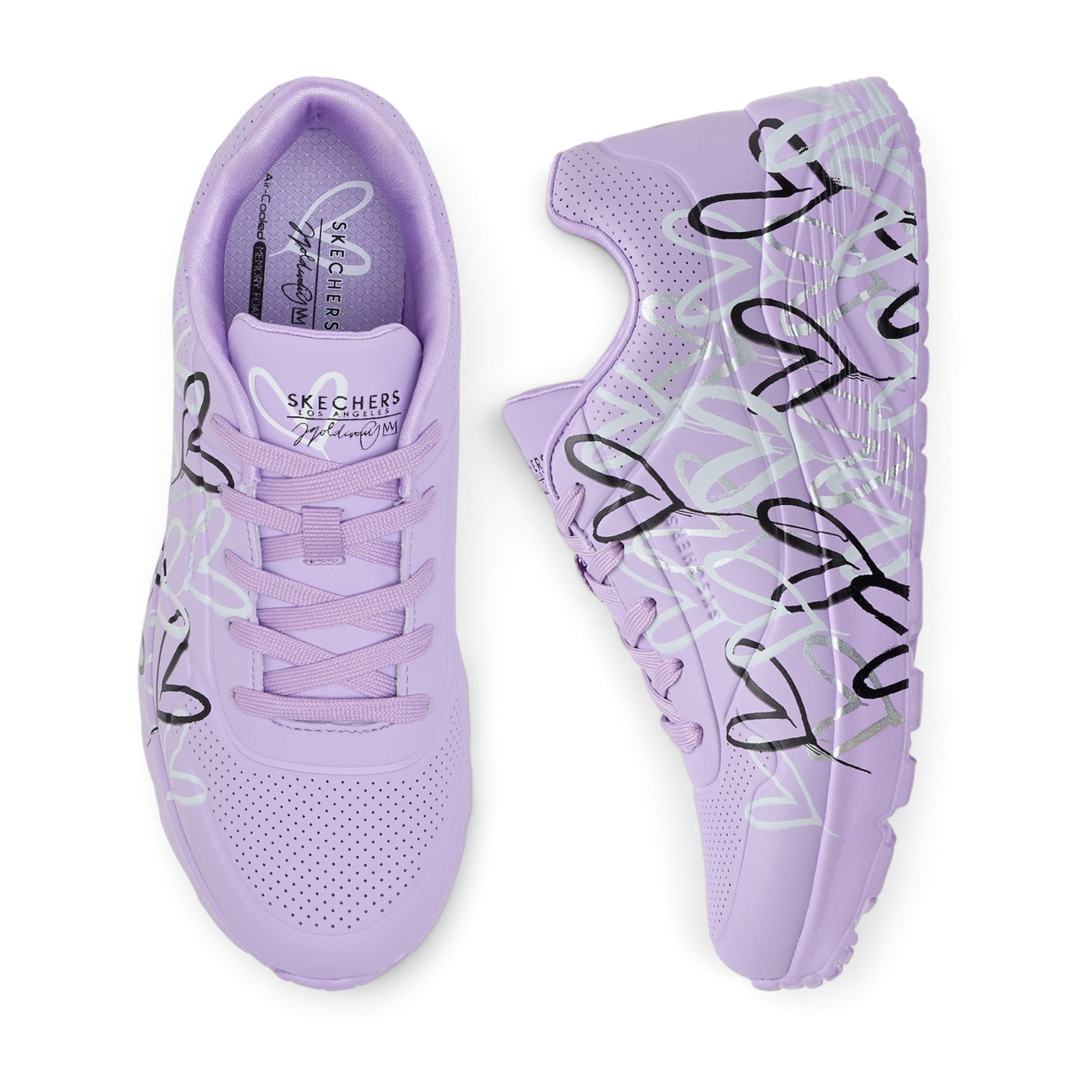 FRG Skechers Uno Lite Metallic Love sneakers in light purple with black and silver heart print and lace-up closure