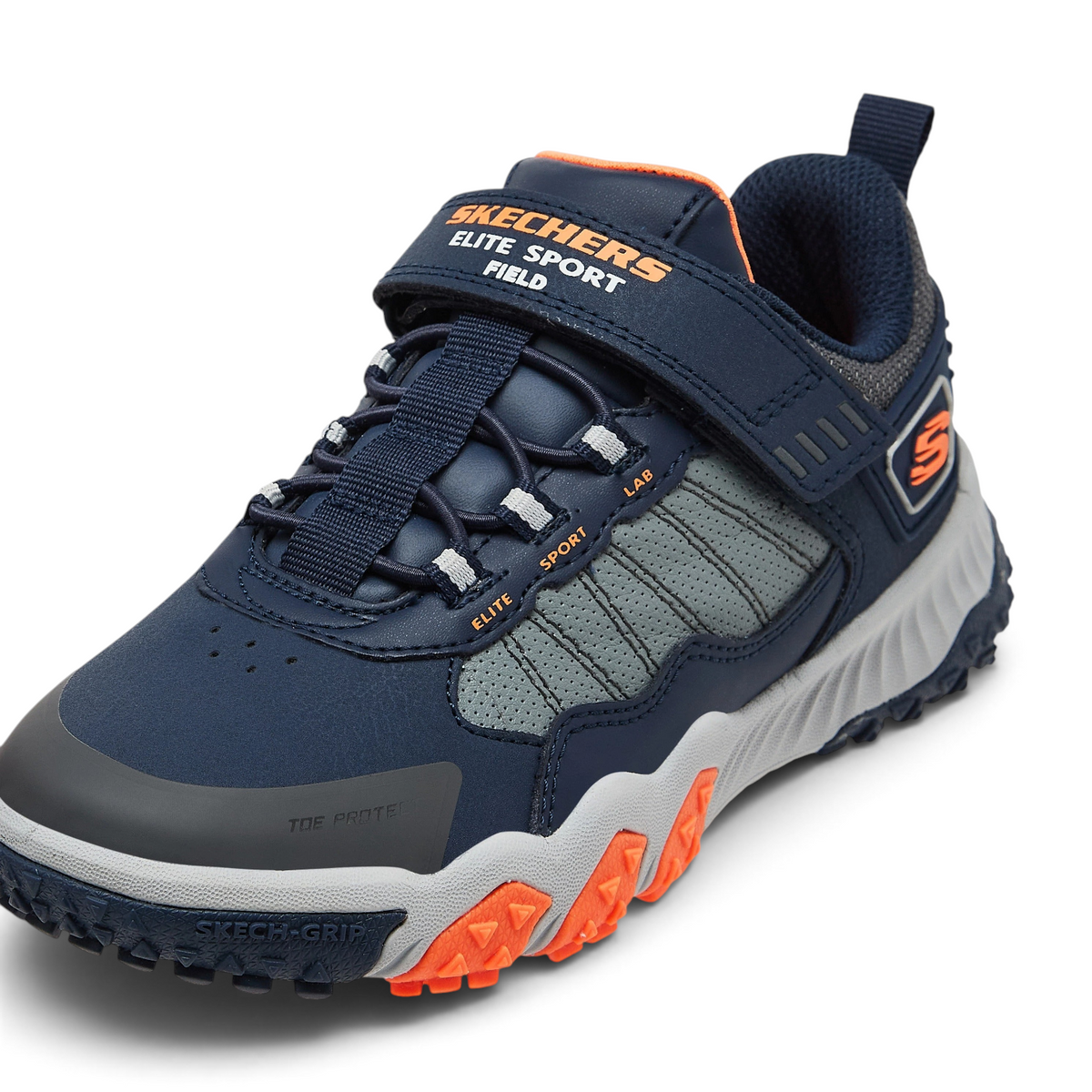 FRG SKECHERS ELITE SPORT FIELD navy and grey athletic sneaker with orange accents and a hook-and-loop strap