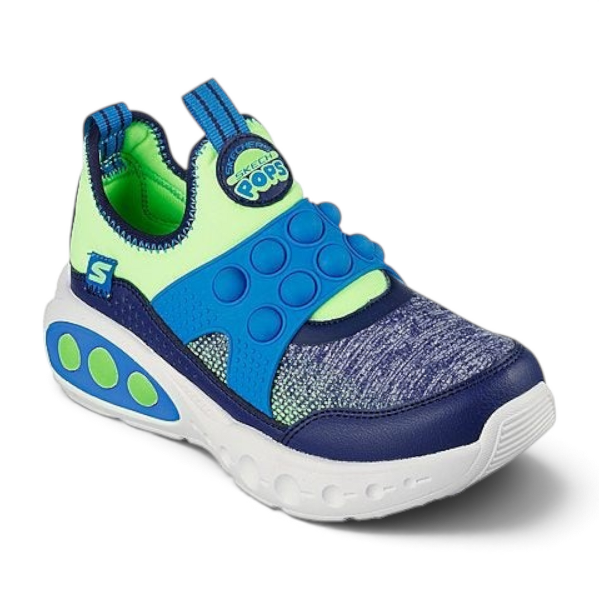 FRG SKECH POPS kids slip-on sneaker in lime green and navy blue with a bubble-textured strap and white chunky sole