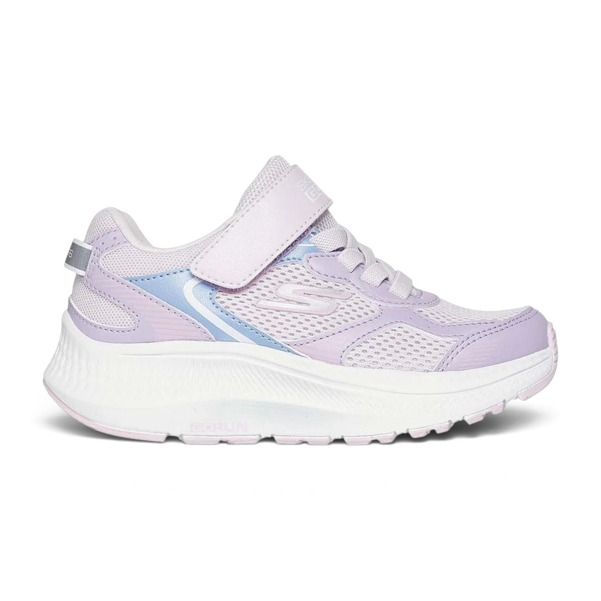 FRG Skechers Go Run Consistent 2.0 Hi Luxe running shoes in light purple and white mesh with a hook and loop strap.