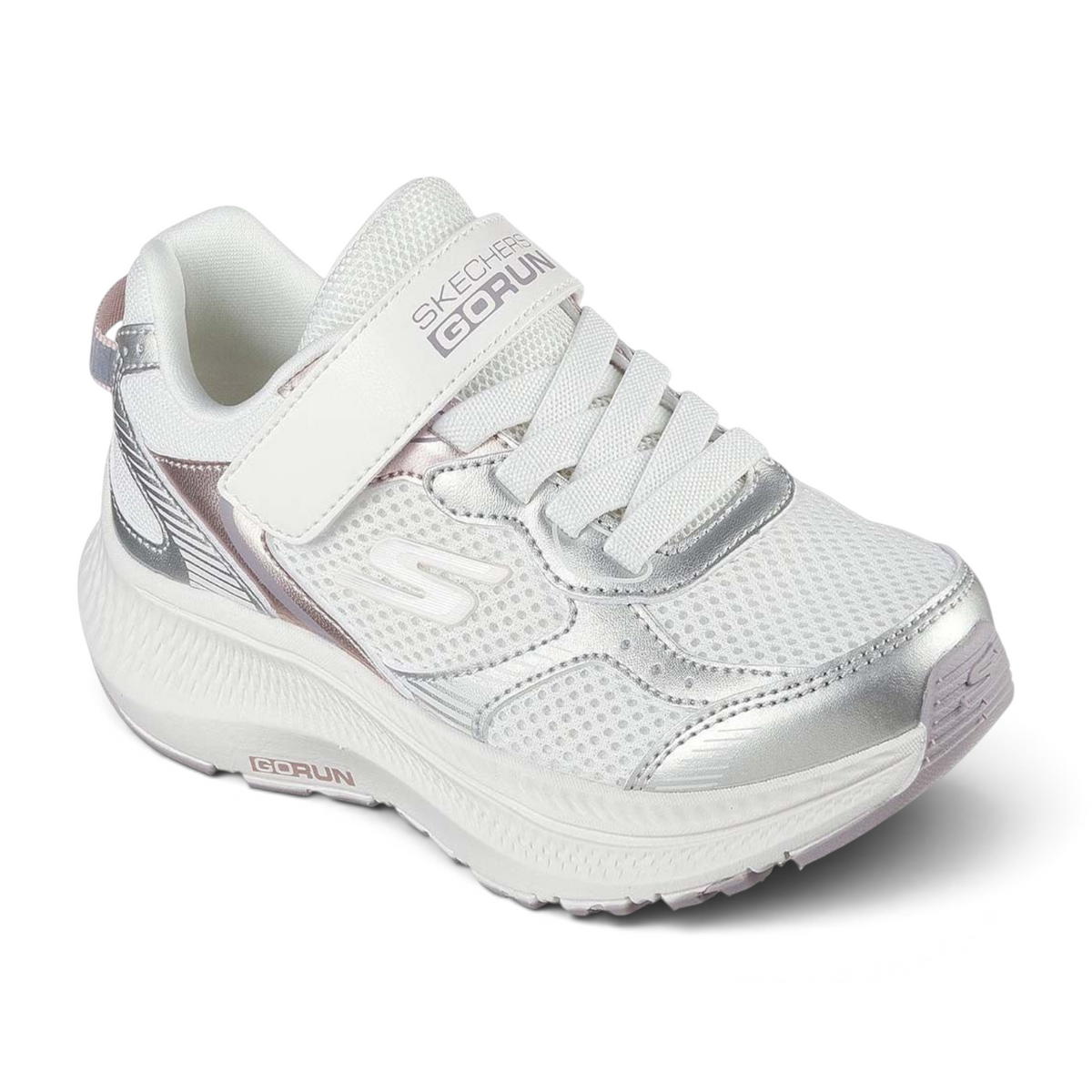 FRG Skechers Go Run Consistent 2.0 Hi Luxe toddler sneaker in white and silver with hook-and-loop strap closure