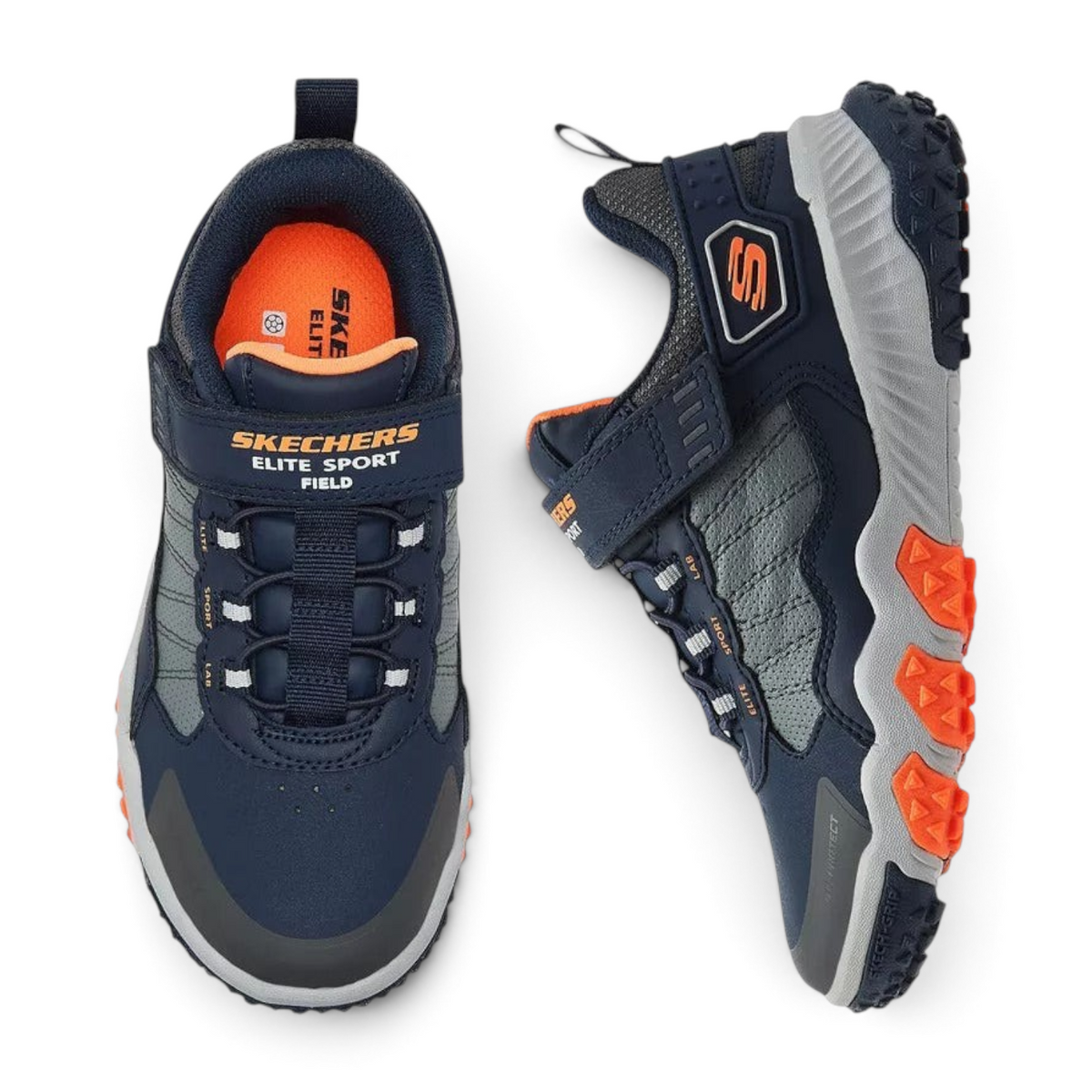 FRG SKECHERS ELITE SPORT FIELD kids sneakers in navy blue and grey with orange accents and hook-and-loop strap