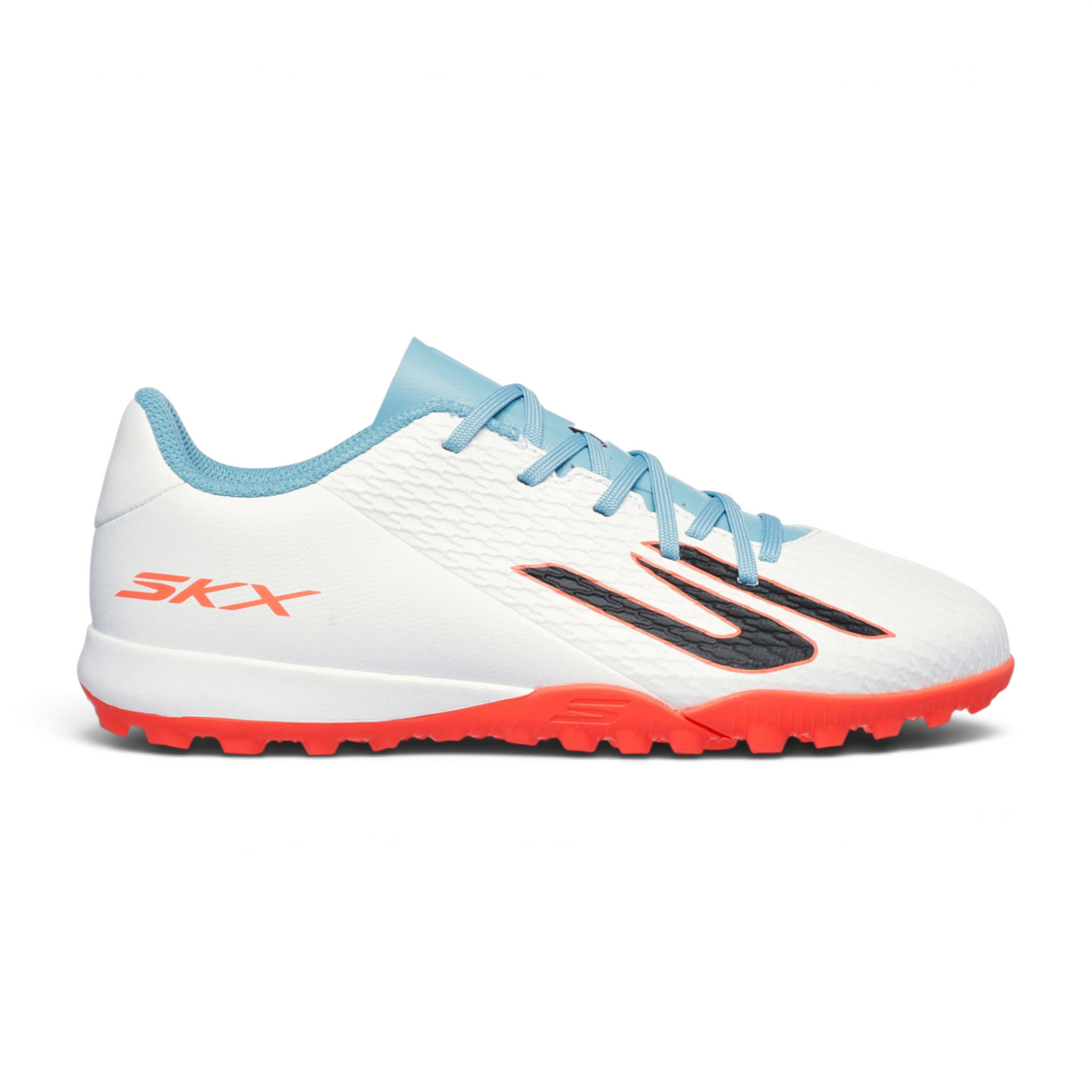 FRG Skechers SKX_2 youth turf soccer shoe in white with turquoise accents and pink sole for optimal ball control