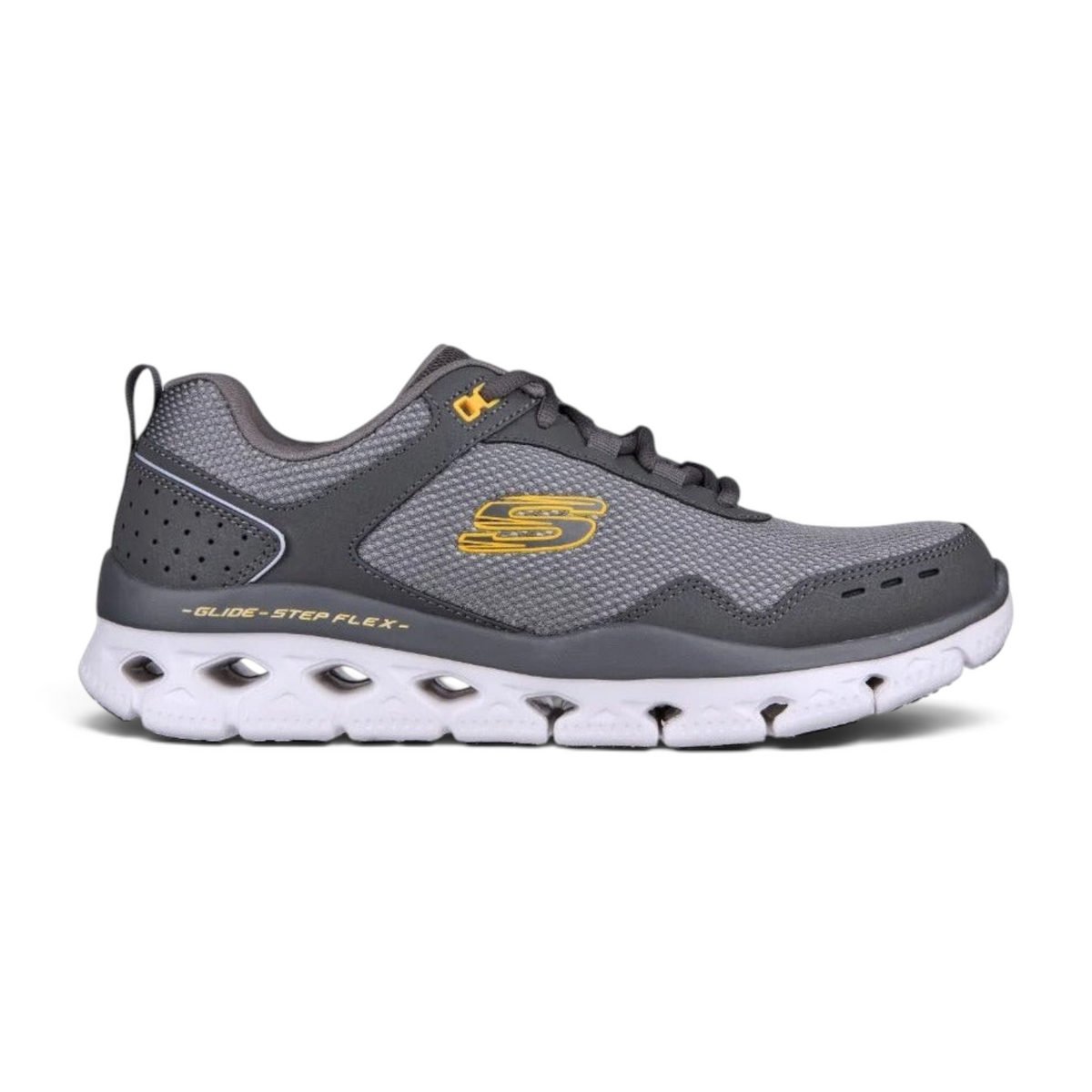 FRG GLIDE-STEP FLEX grey mesh athletic sneaker with yellow logo accents and a white cushioned geometric sole