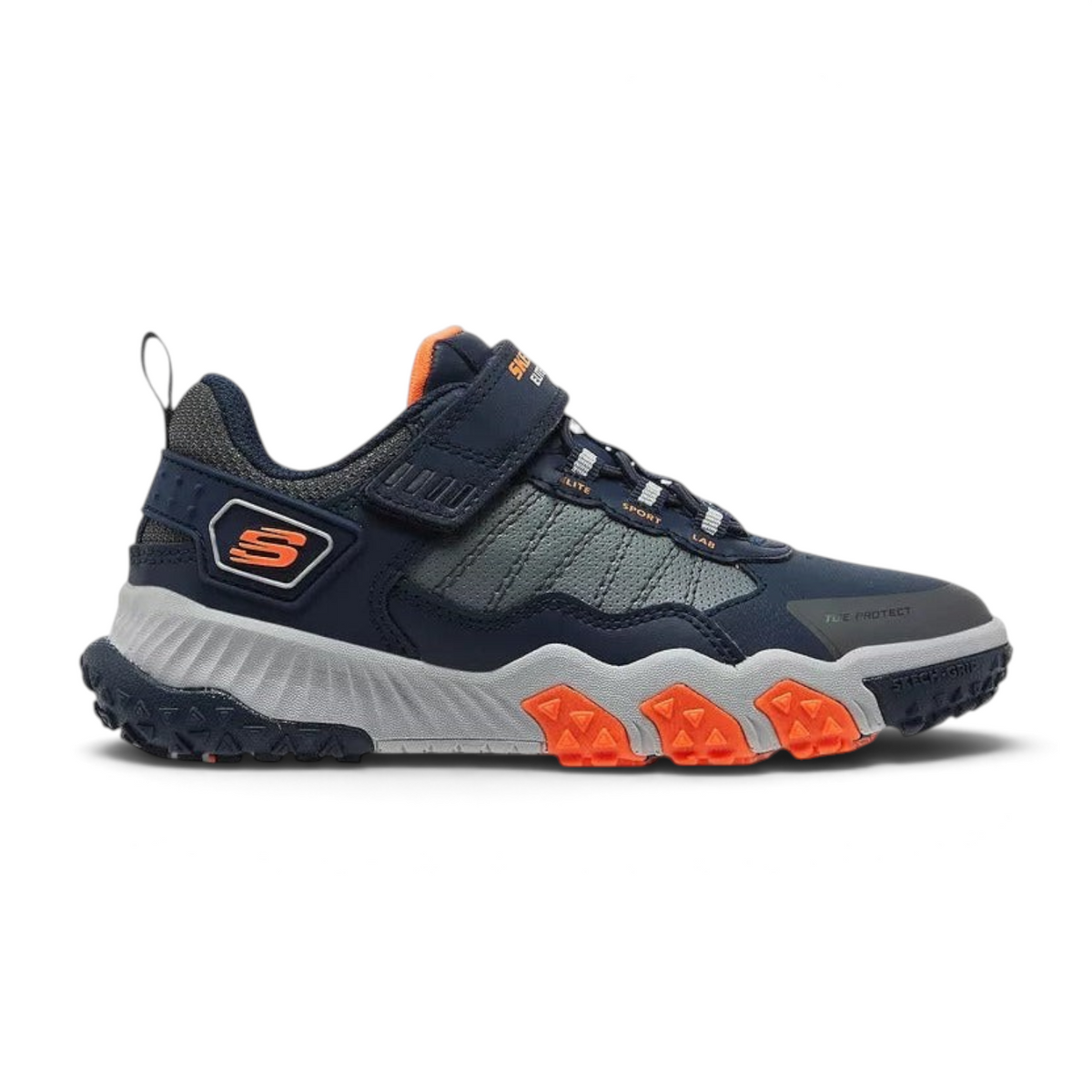 FRG SKECHERS ELITE SPORT FIELD navy and grey athletic sneaker with orange accents and a rugged traction sole