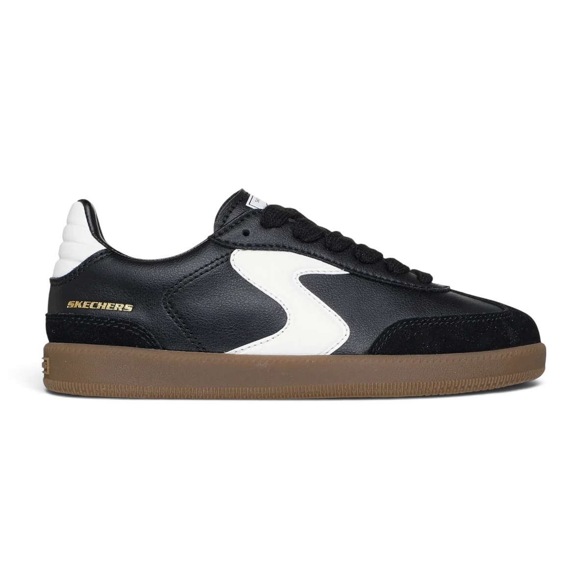 FRG Skechers Hotshot Junior Varsity low-profile sneaker in black synthetic leather with white logo and gum sole