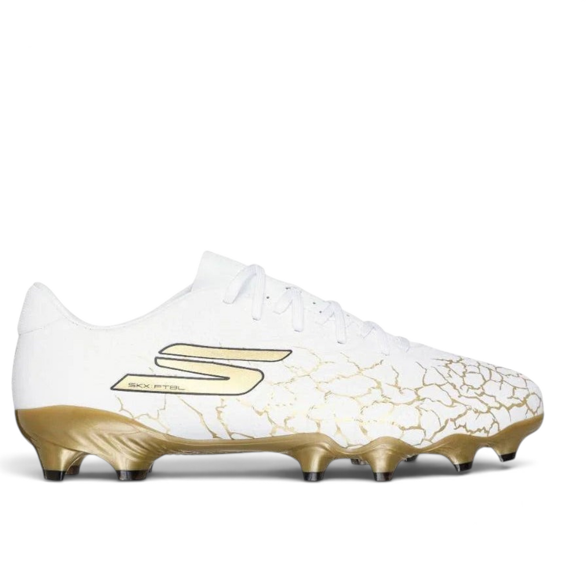 FRG Skechers SKX 1.5 Academy FG soccer boot in white with gold crackle pattern and black accents for firm ground