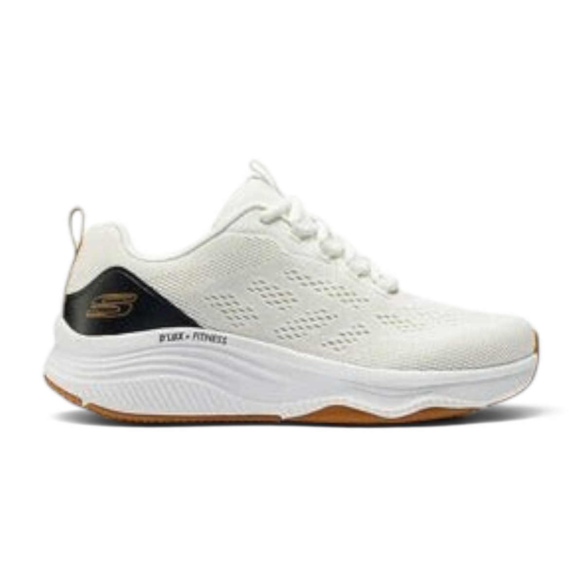 FRG D'LUX FITNESS white athletic sneakers with a thick cushioned sole, black heel detail, and gum rubber outsole.