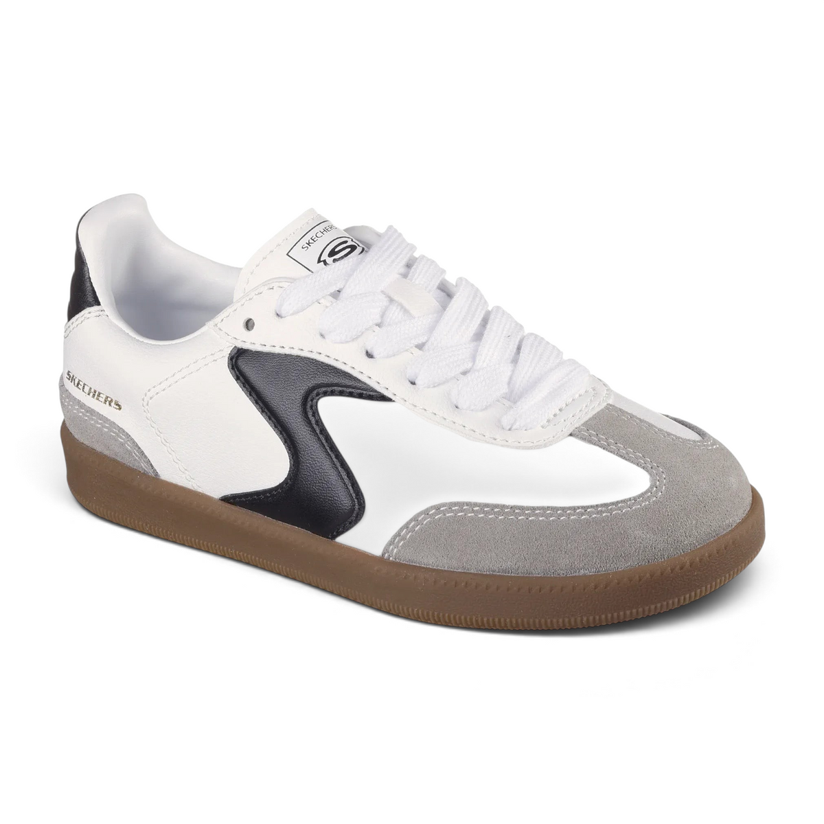 FRG Skechers Hotshot Junior Varsity low-profile sneaker in white synthetic leather with grey suede and black accents