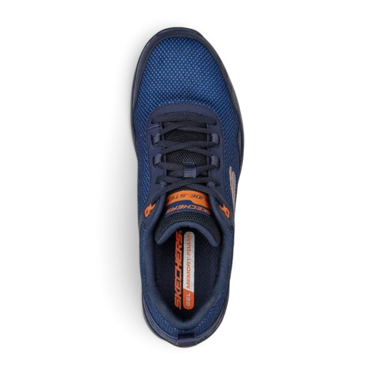 FRG GLIDE-STEP FLEX navy blue mesh athletic sneaker with orange accents and memory foam insole, top view