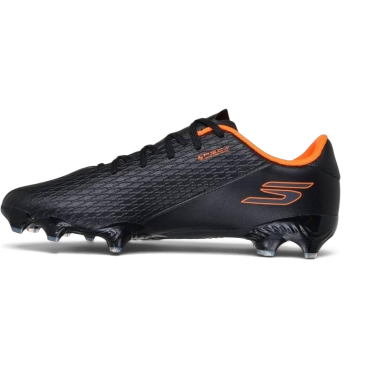 FRG Skechers Club MG football boot in black with orange accents, featuring a moulded upper and TPU plate.