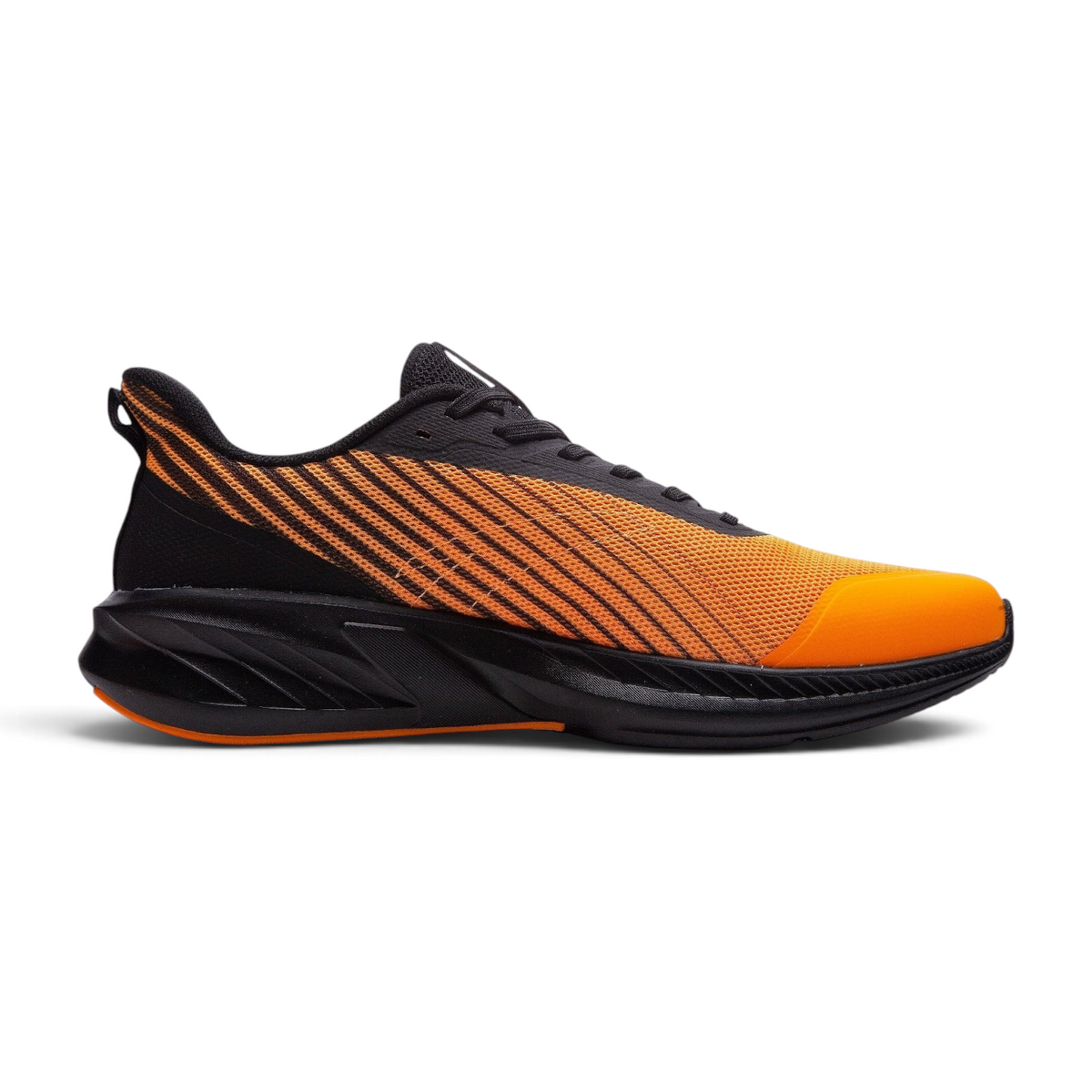 FRG running shoes in black and vibrant orange with a breathable mesh upper and durable athletic sole