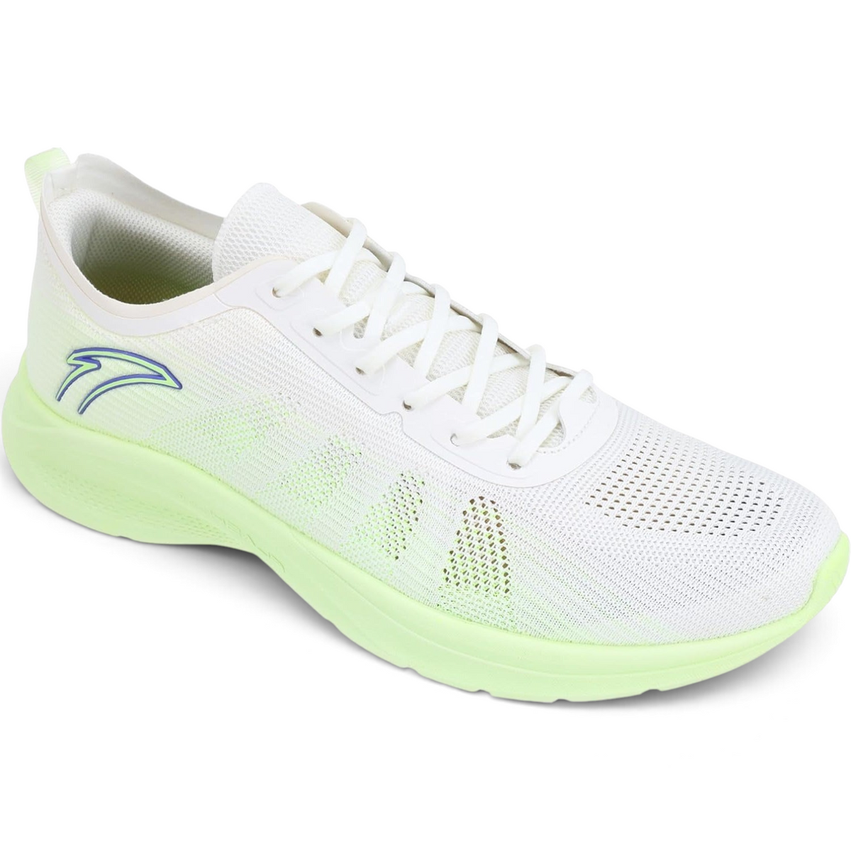 FRG running shoes in white mesh with lime green soles and subtle blue logo detailing on the side