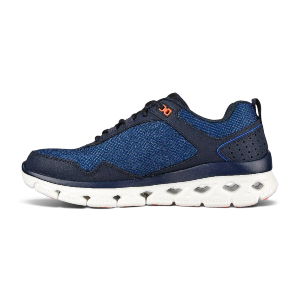 FRG GLIDE-STEP FLEX navy blue mesh athletic sneaker with a white cushioned sole and orange accent details
