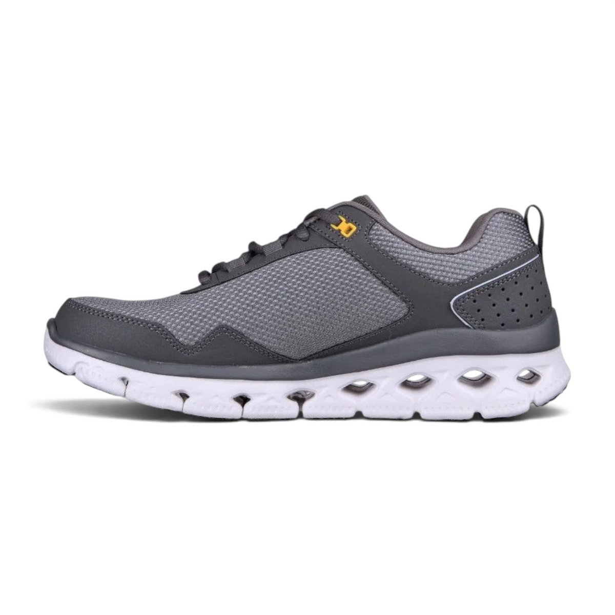FRG GLIDE-STEP FLEX grey mesh athletic sneaker with a white cushioned sole and yellow eyelet detail
