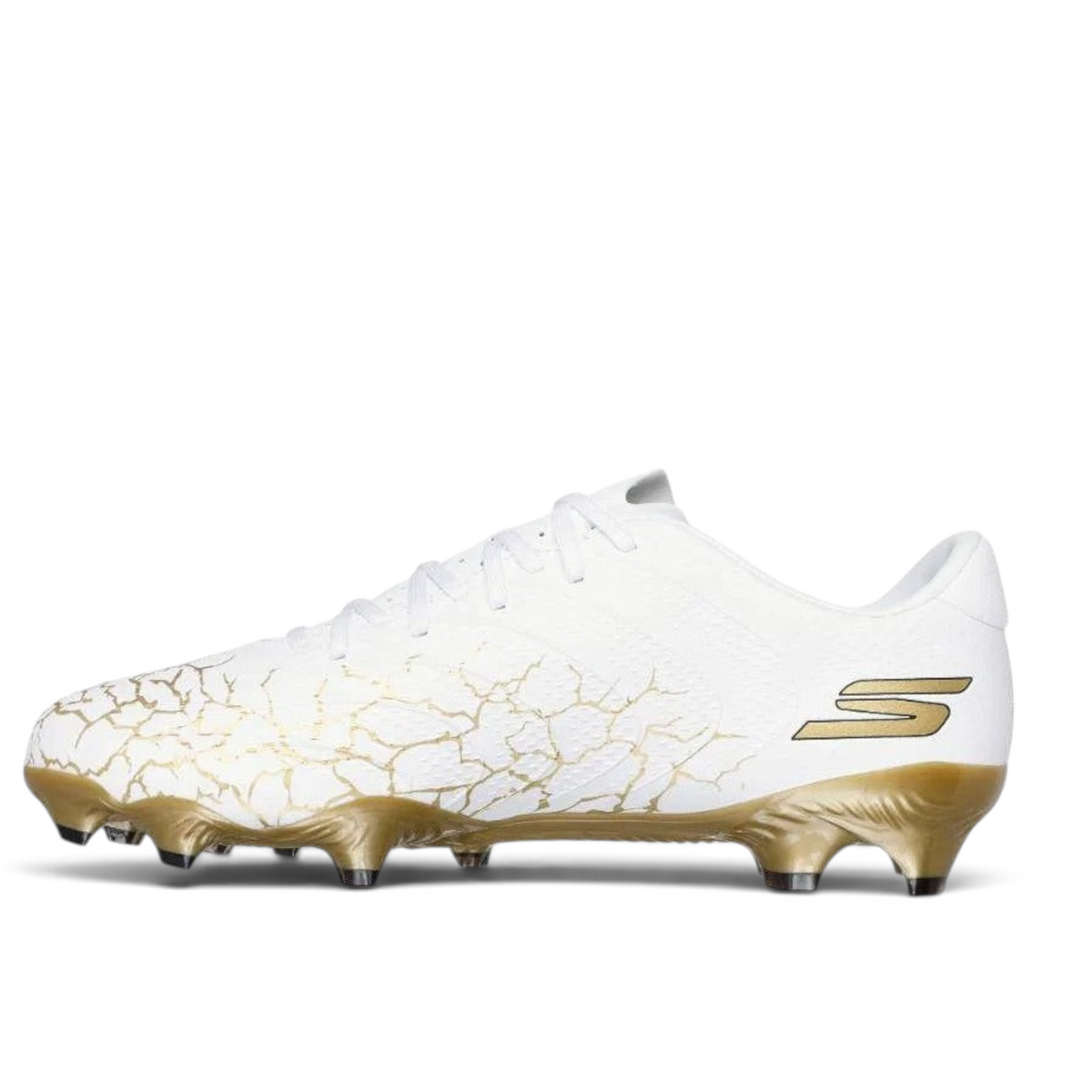FRG Skechers SKX 1.5 Academy firm ground soccer boot in white with black and gold cracked pattern and gold soleplate