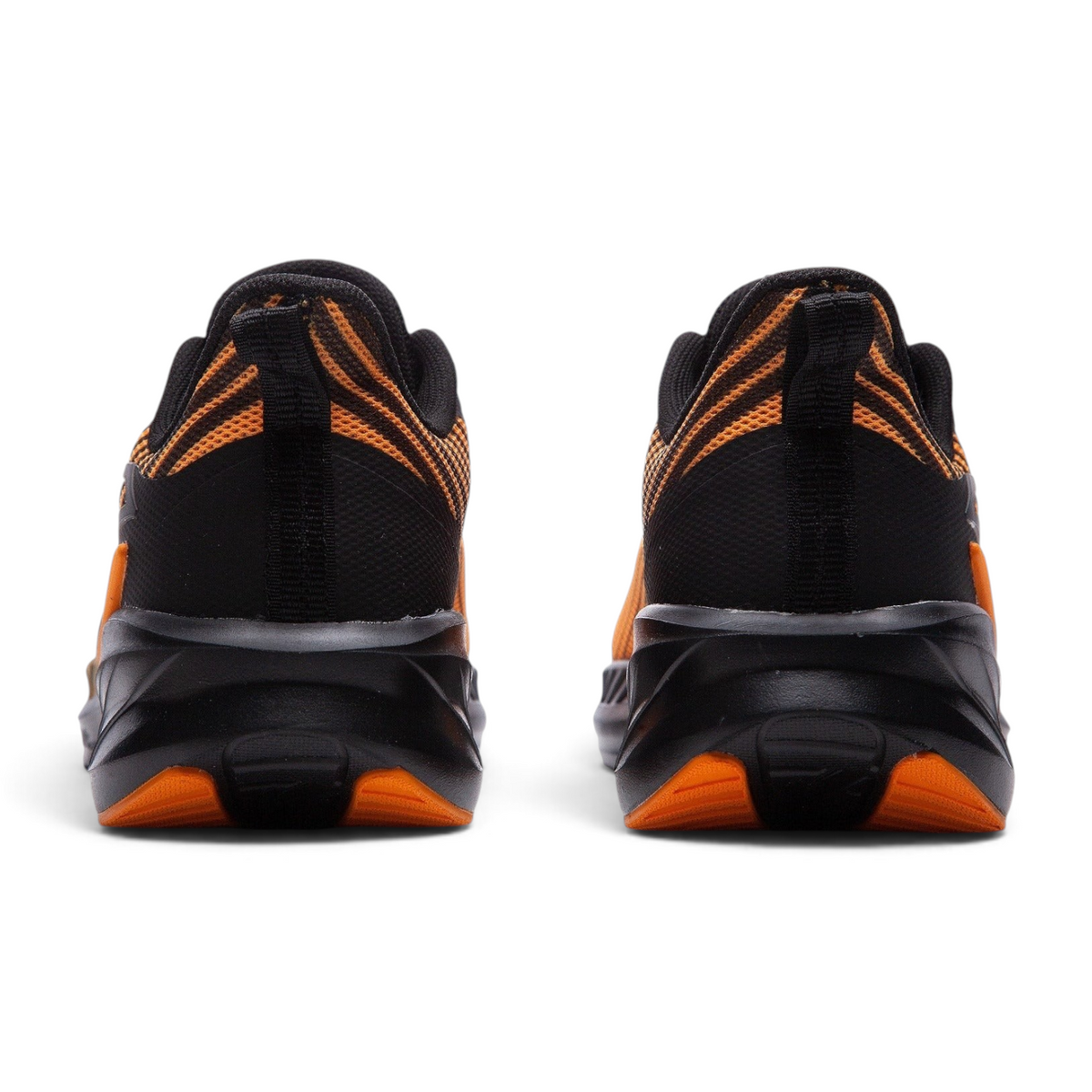 Rear view of FRG running shoes in black and orange with breathable mesh fabric and thick cushioned soles