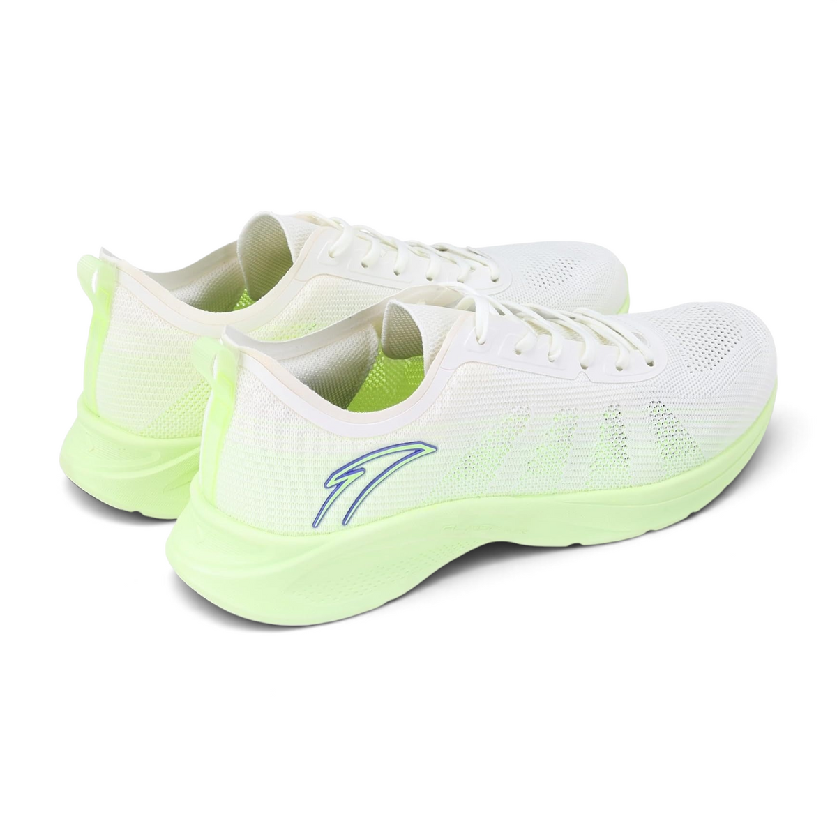 FRG running shoes in white and neon green with breathable mesh upper and lightweight cushioned sole