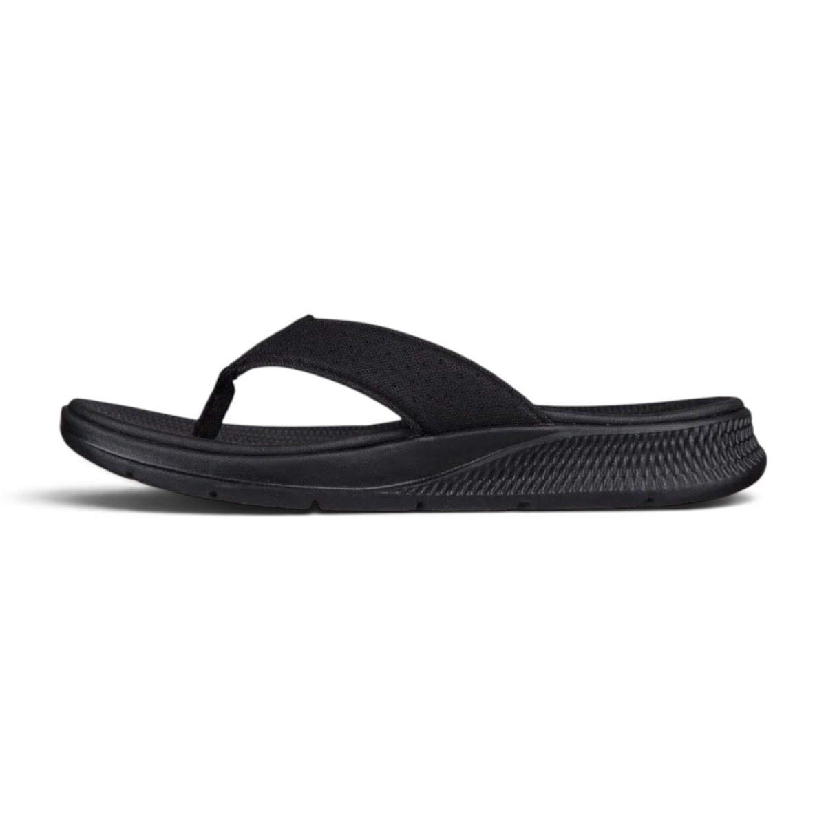 FRG GO CONSISTENT PENTHOUSE black thong sandal with a textured cushioned sole and wide fabric strap