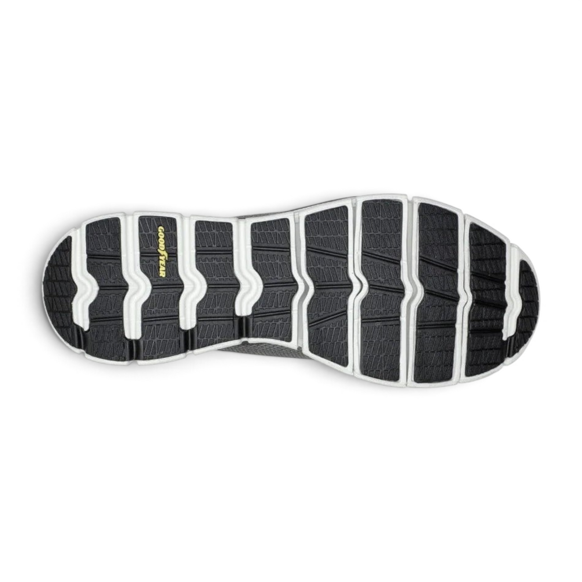FRG GLIDE-STEP FLEX sneaker outsole featuring a black and white Goodyear rubber tread pattern for superior grip.