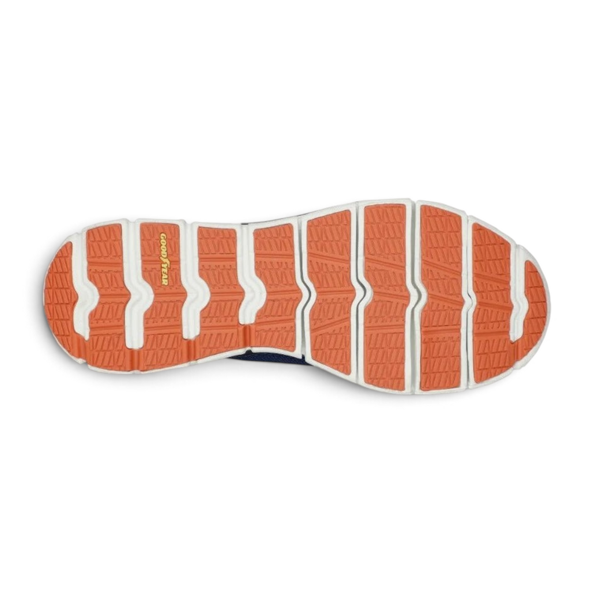 FRG GLIDE-STEP FLEX sneaker featuring a white and orange Goodyear rubber outsole with deep flex grooves