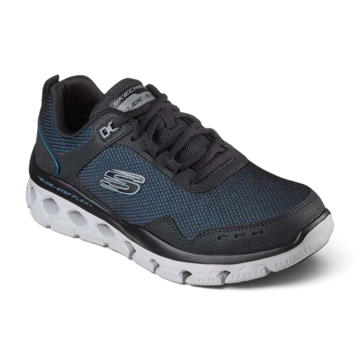 FRG GLIDE-STEP FLEX athletic sneaker in black and blue mesh with a cushioned white geometric sole