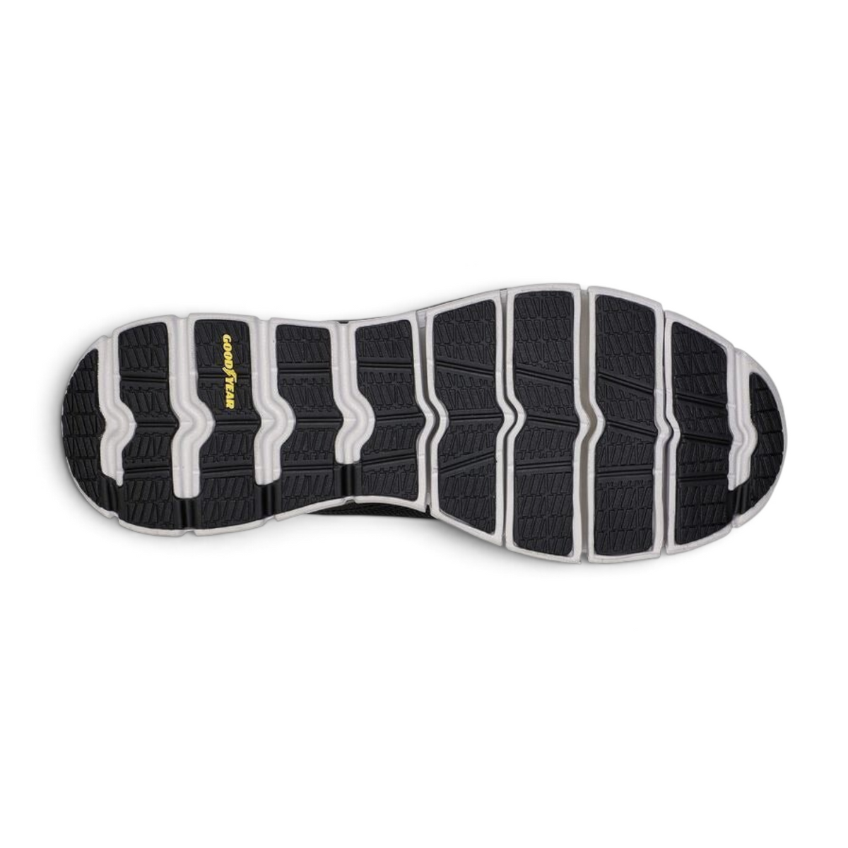 Bottom view of the FRG GLIDE-STEP FLEX sneaker featuring a black and white Goodyear performance rubber outsole.