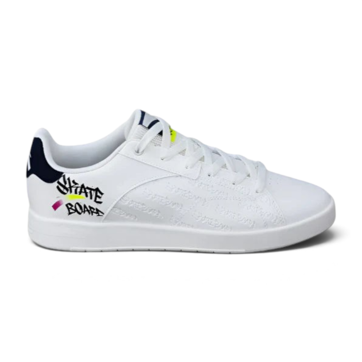 FRG X-GAME white lifestyle sneakers for men with black and yellow skateboard graffiti print on the side