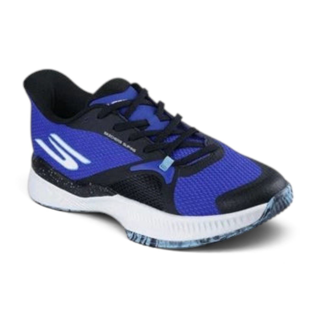 FRG Skechers State Champ tennis shoe in black and blue with a lightweight mesh upper and white cushioned midsole.